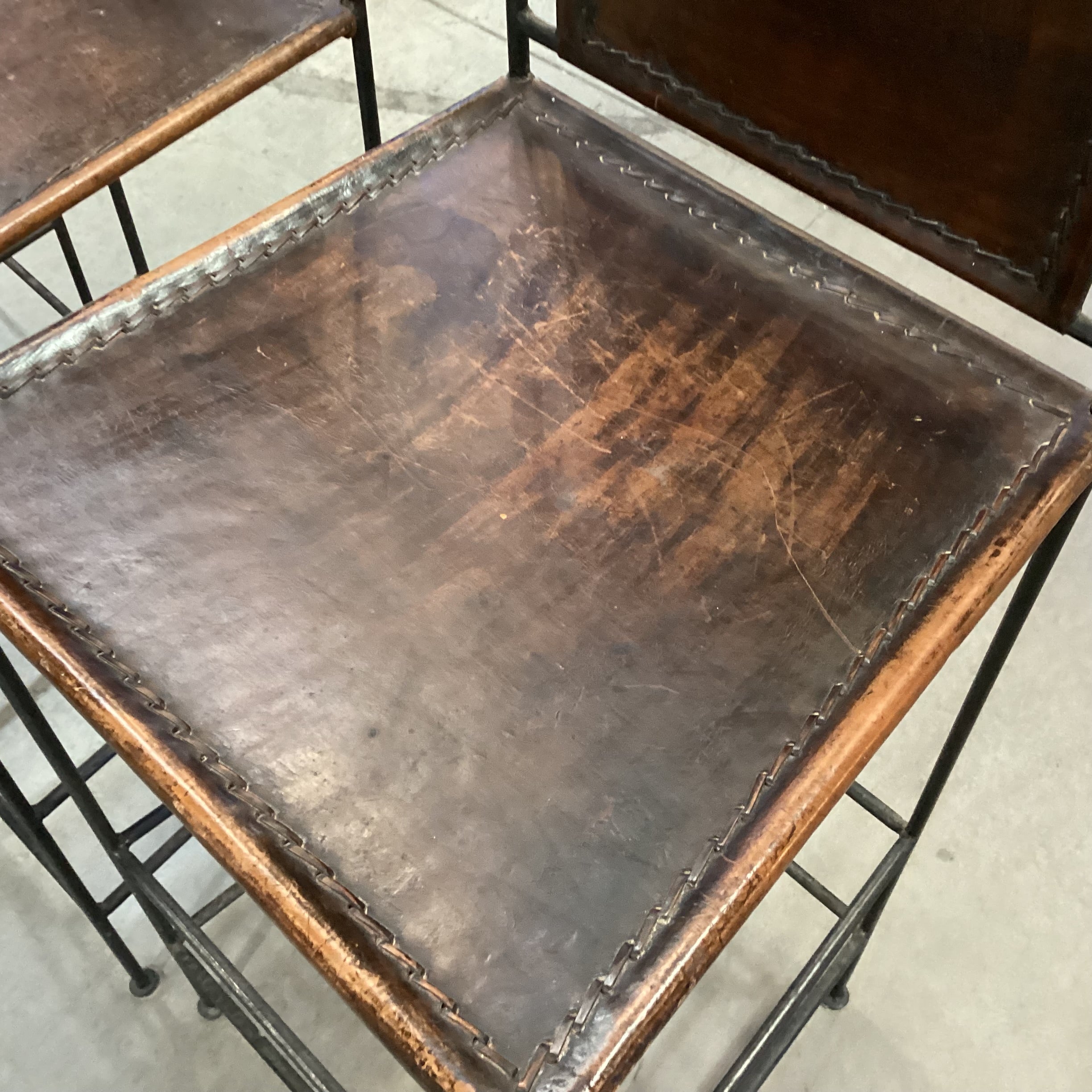 SET of 3 Iron & Distressed Leather Barstools 30.5"