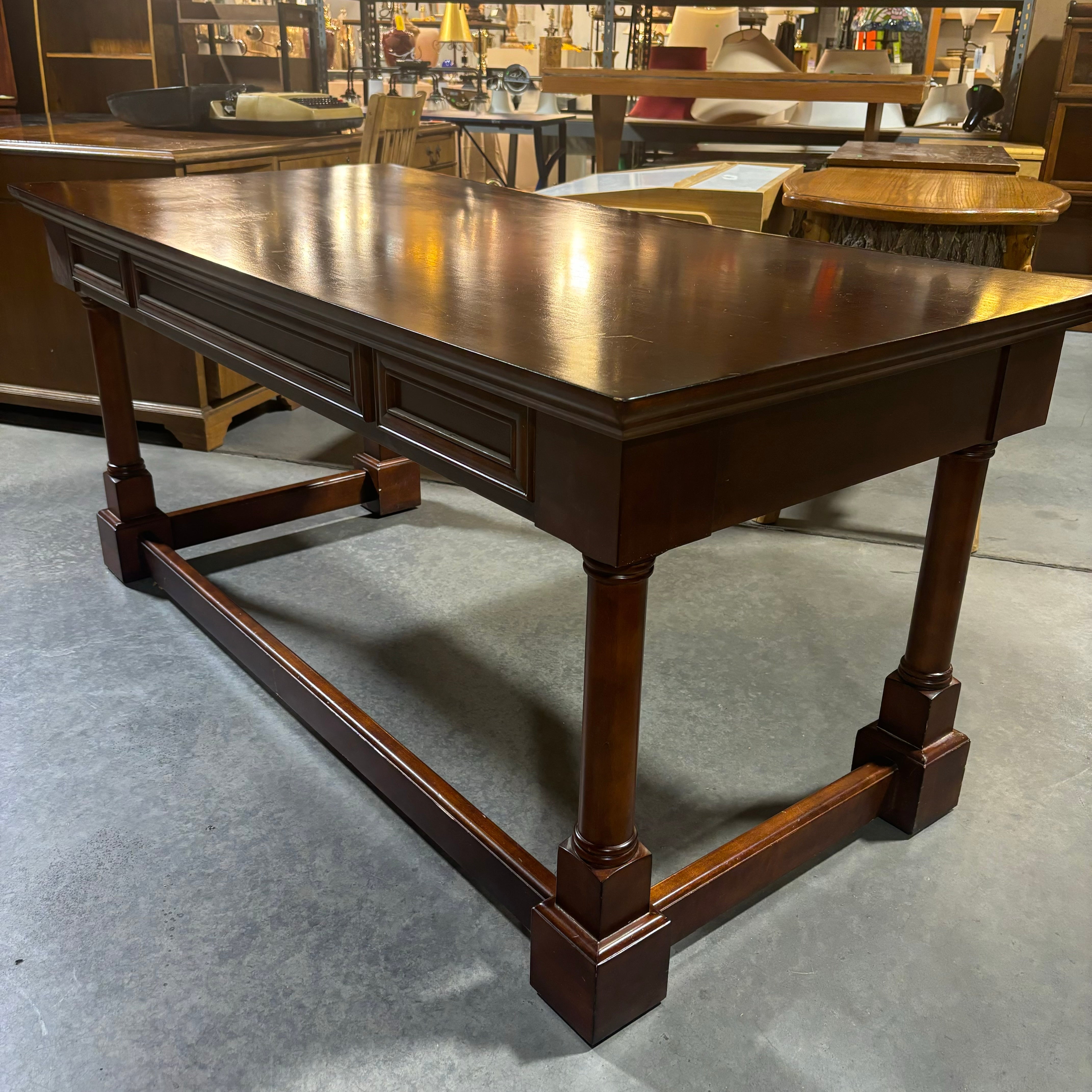 Ornate Carved Dark Finish Wood 3 Drawer with Trestle Desk 66"x 32"x 30"