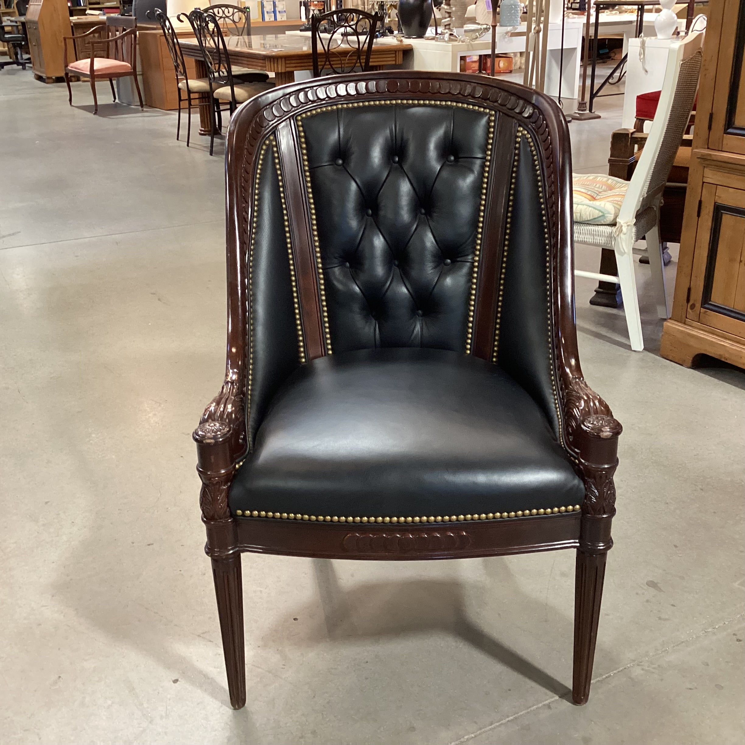 Hancock & Moore Ornate Carved Mahogany Finish Wood Black Leather Tufted Nailhead Chair 27"x 32"x 39"