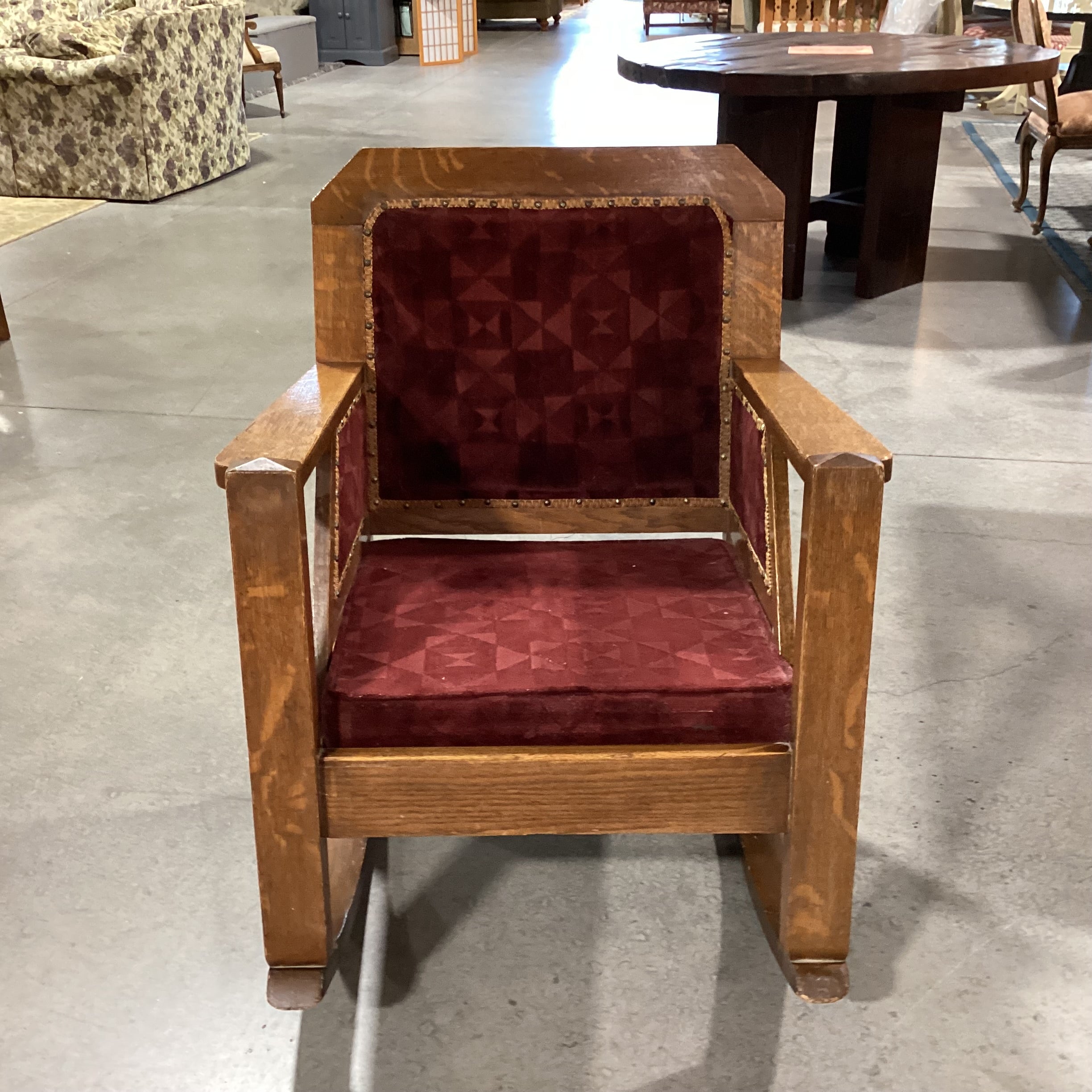 Antique Oak and Burgundy Velvet Nailhead Rocking Chair 29”x 36”x 37”