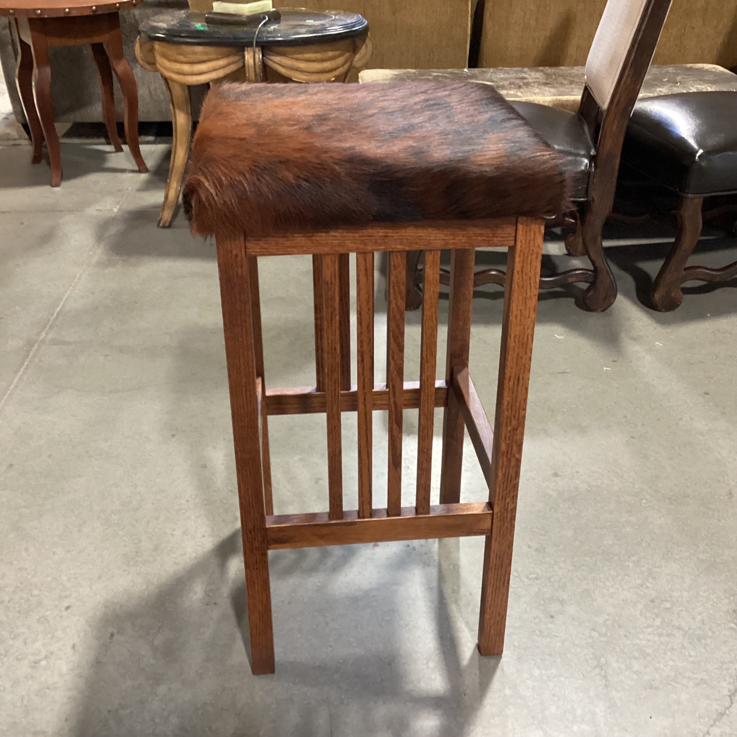 Amish Mission Style Oak with Black & Brown Cowhide Barstool 32"