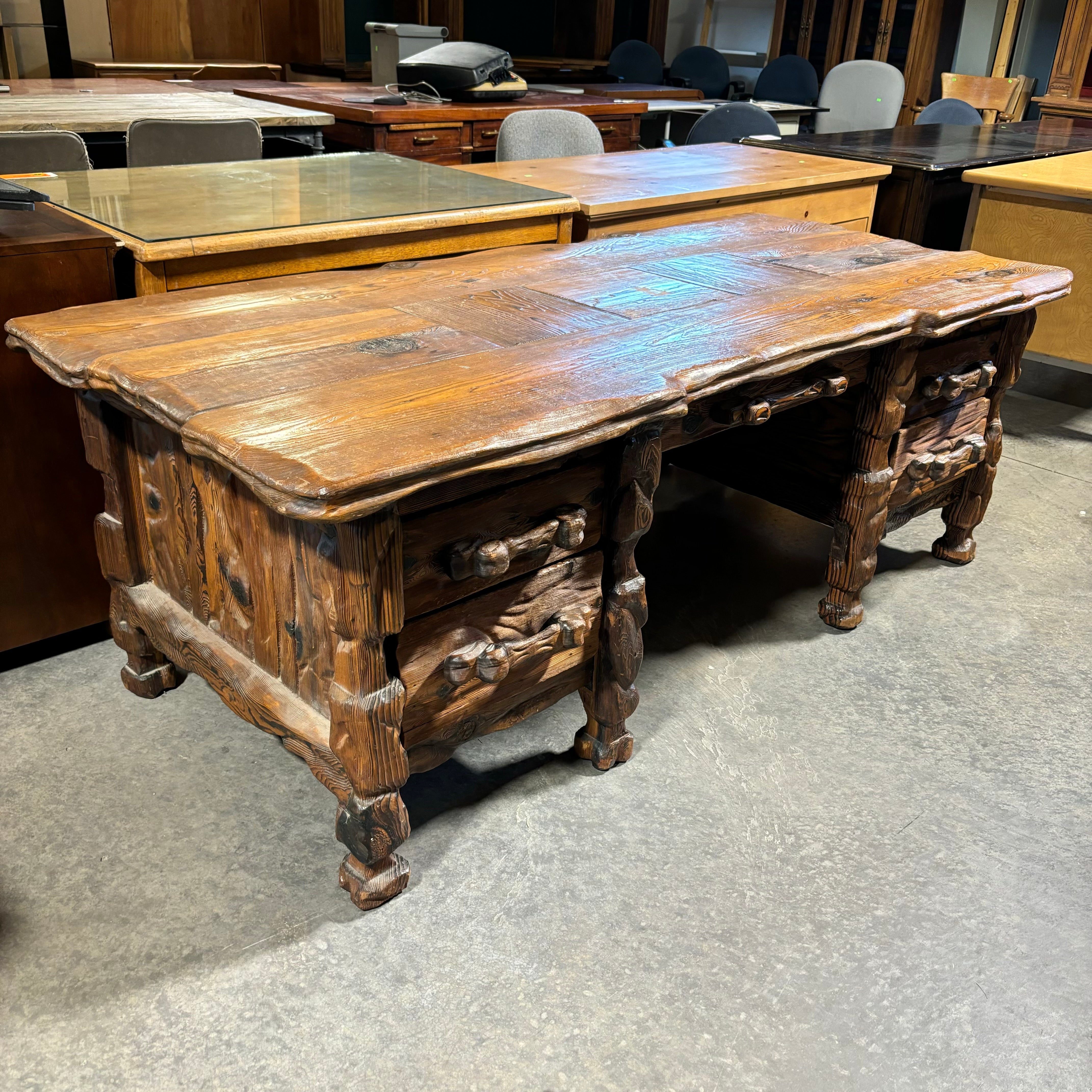 Natural Log Style with Carved Detail 5 Drawer Desk 78"x 35"x 27"