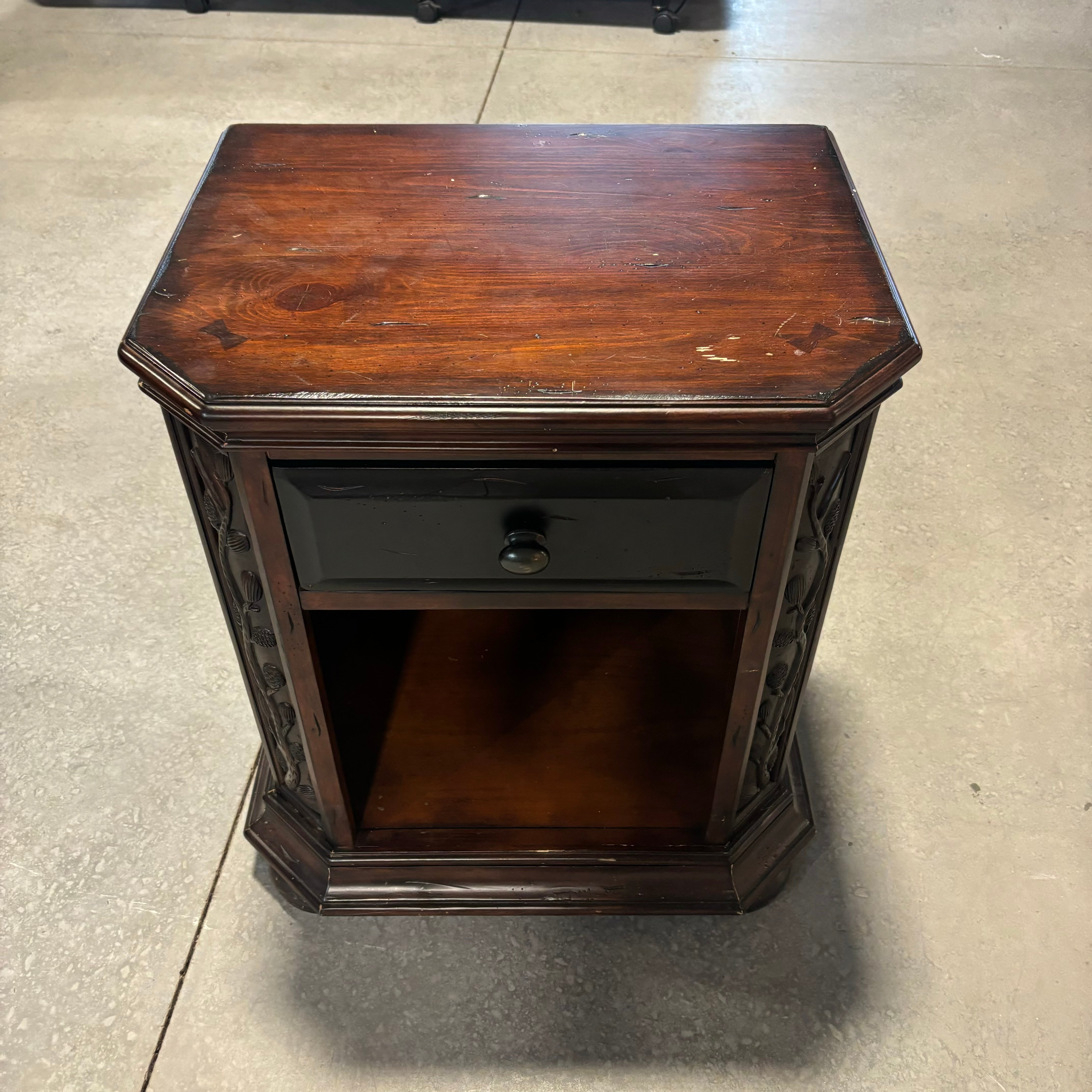Shadow Mountain Carved Dark Finished Wood with Pine Cone Detail 1 Drawer Nightstand 27"x 19"x 29"