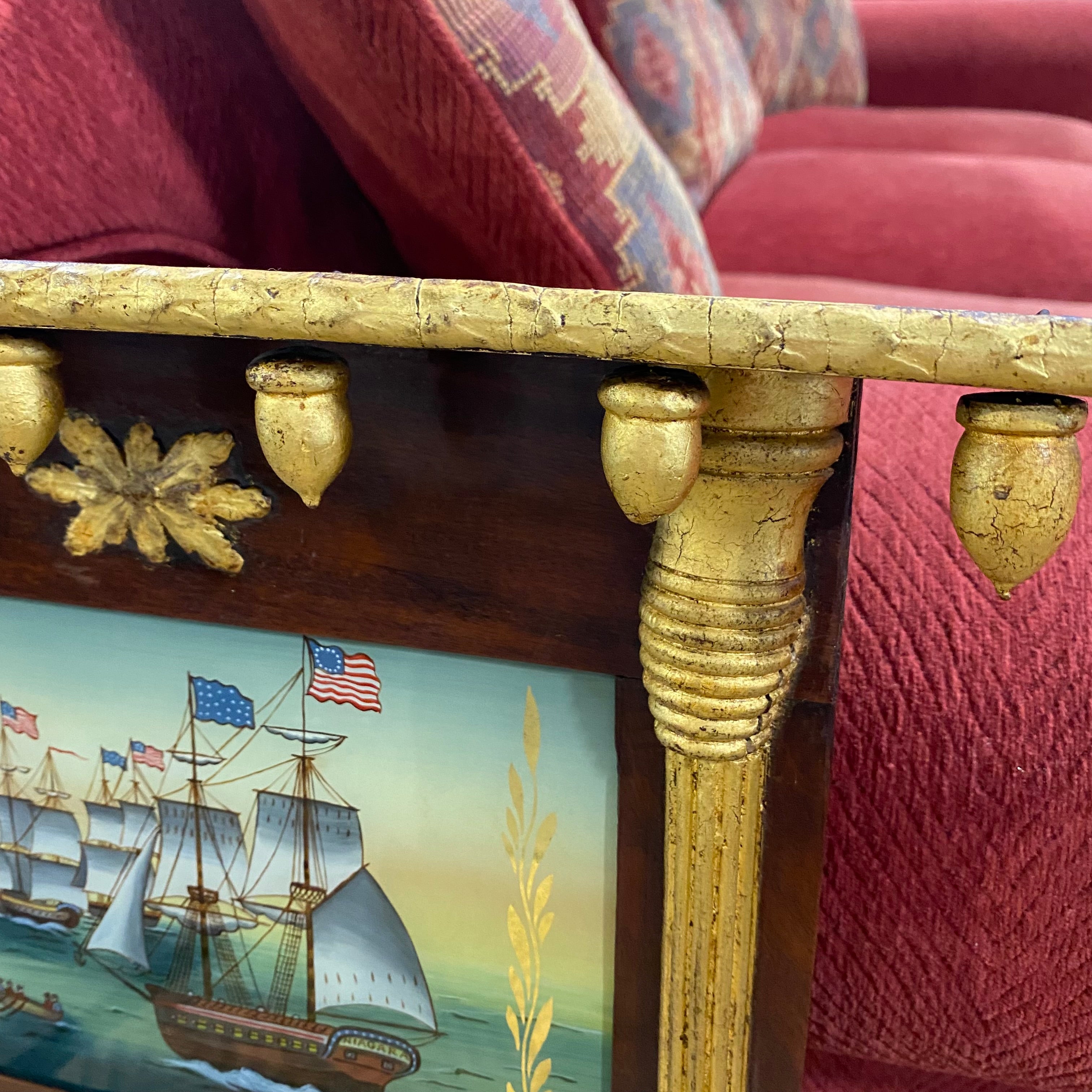 Vintage Federal Style Giltwood with Reverse Glass Painting of Ships Pier Mirror 17"x 28"x 3"