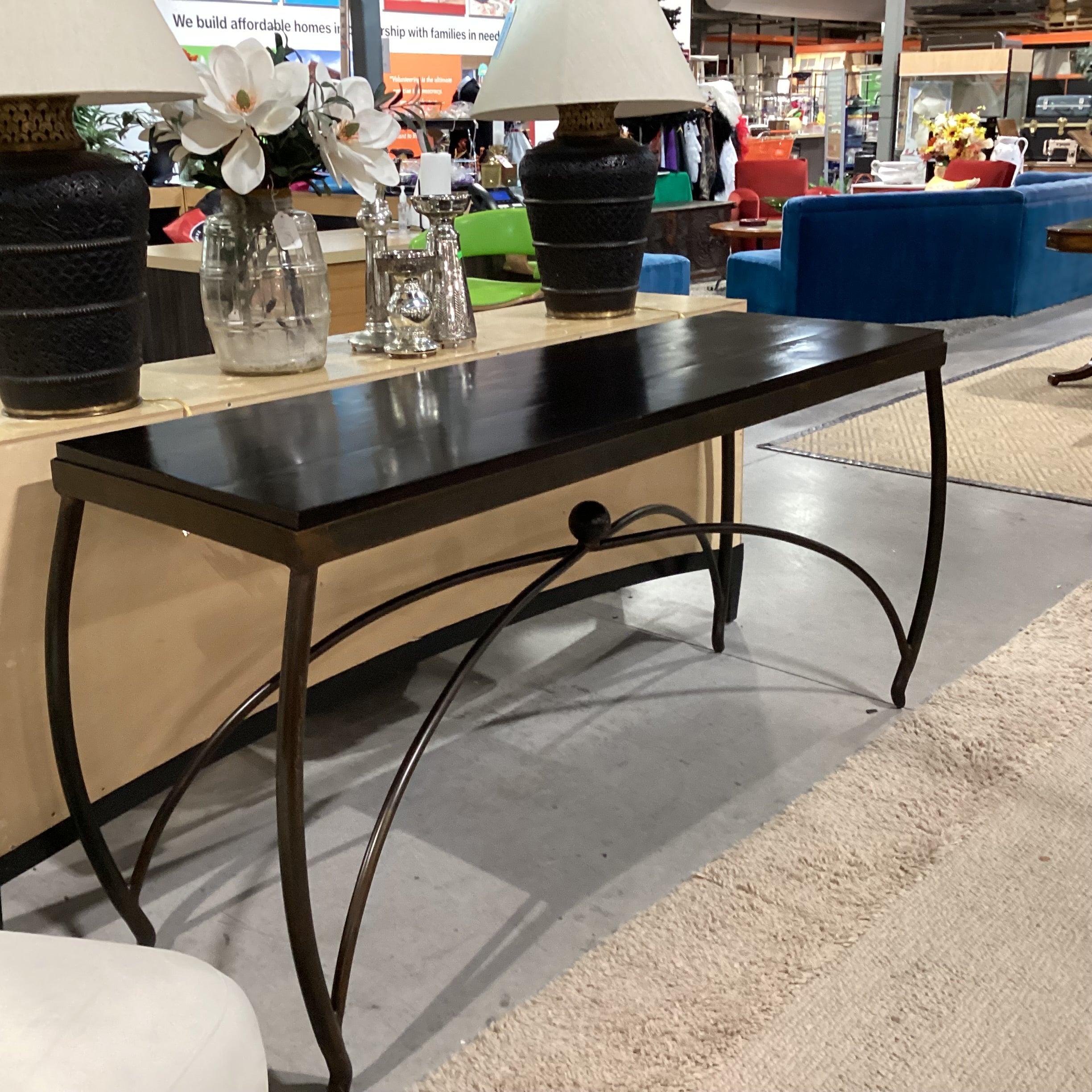 Dark Finished Wood & Iron Stretchers Trestle Accent Table 73"x 23"x 34.5"