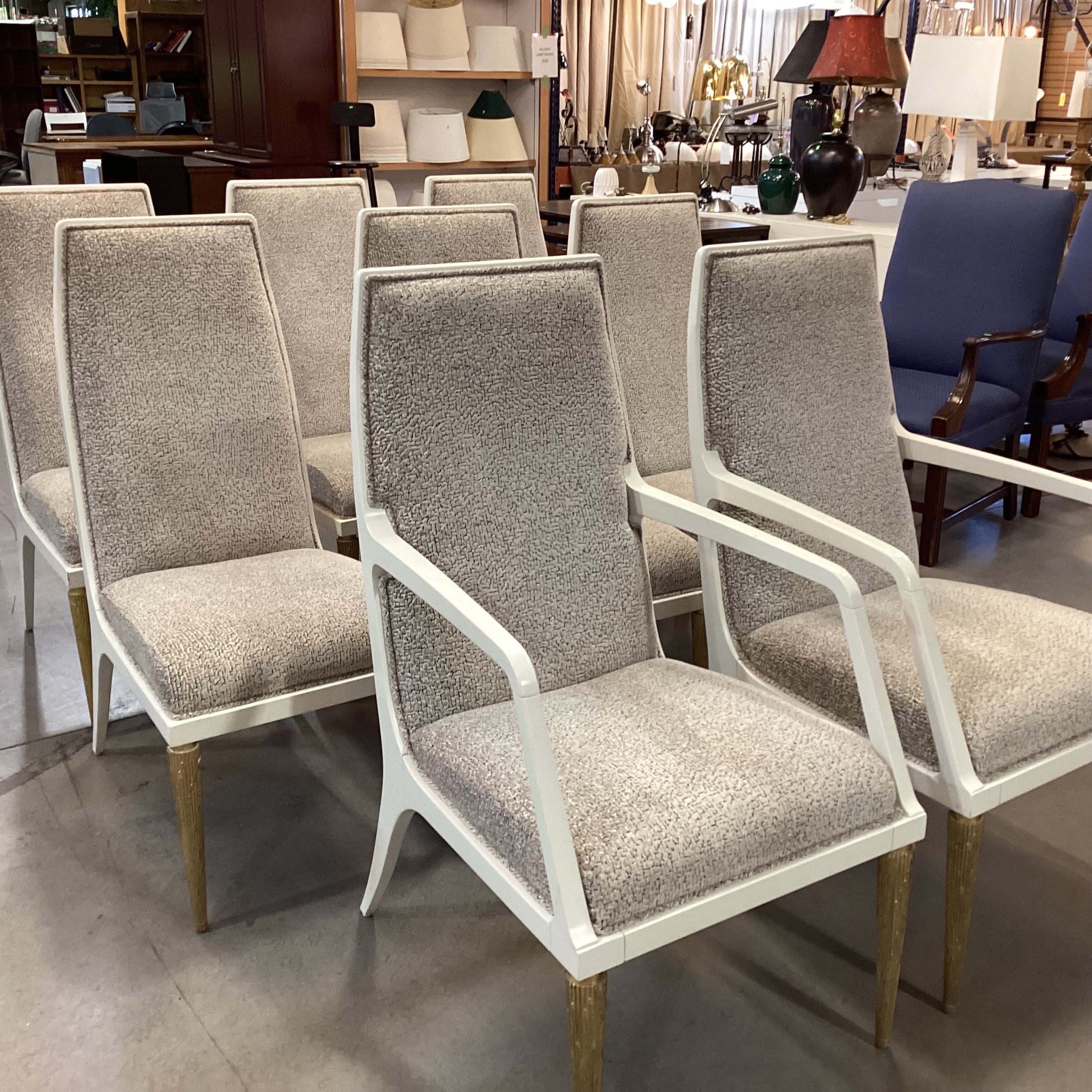 SET of 8 Jean Louis Denoit for Baker Taupe Cream Black Raised Chenille Woven & Cream Gold Wood Jasper Dining Chairs 23"x 28"x 42"