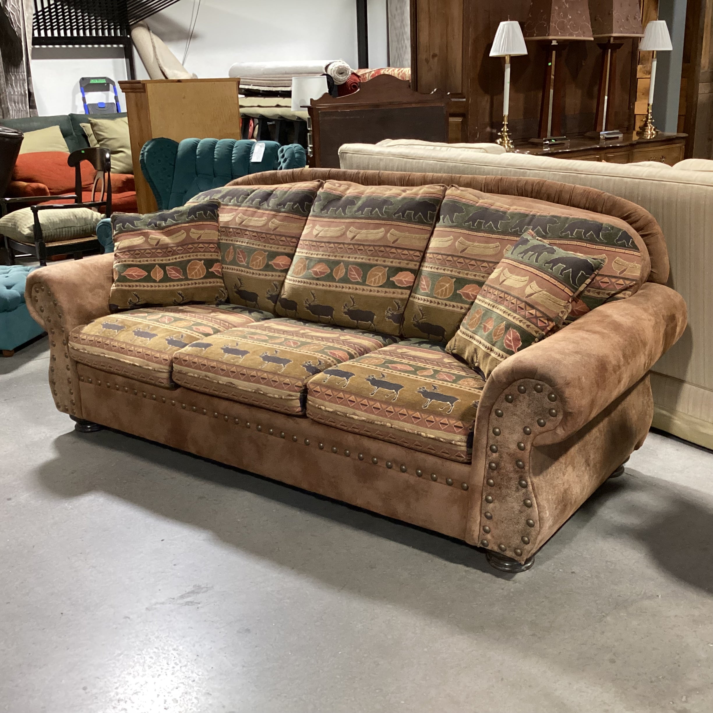 Ultra Suede Animal Cabin Upholstery Nailhead Sofa 90"x 38"x 38"