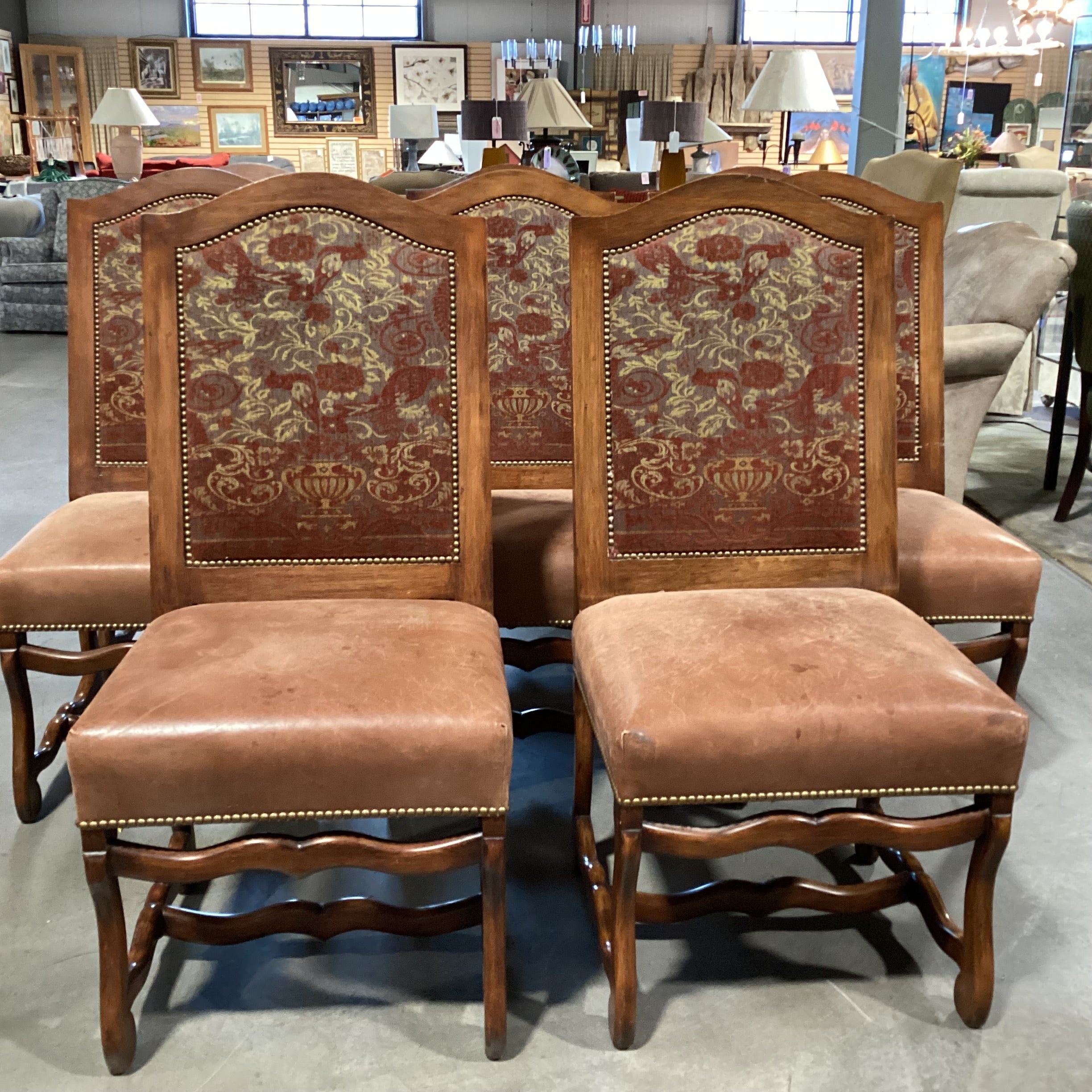 SET of 8 Gina B Custom Carved Wood Leather & Upholstery Nailhead Dining Chair 22"x 24"x 43"