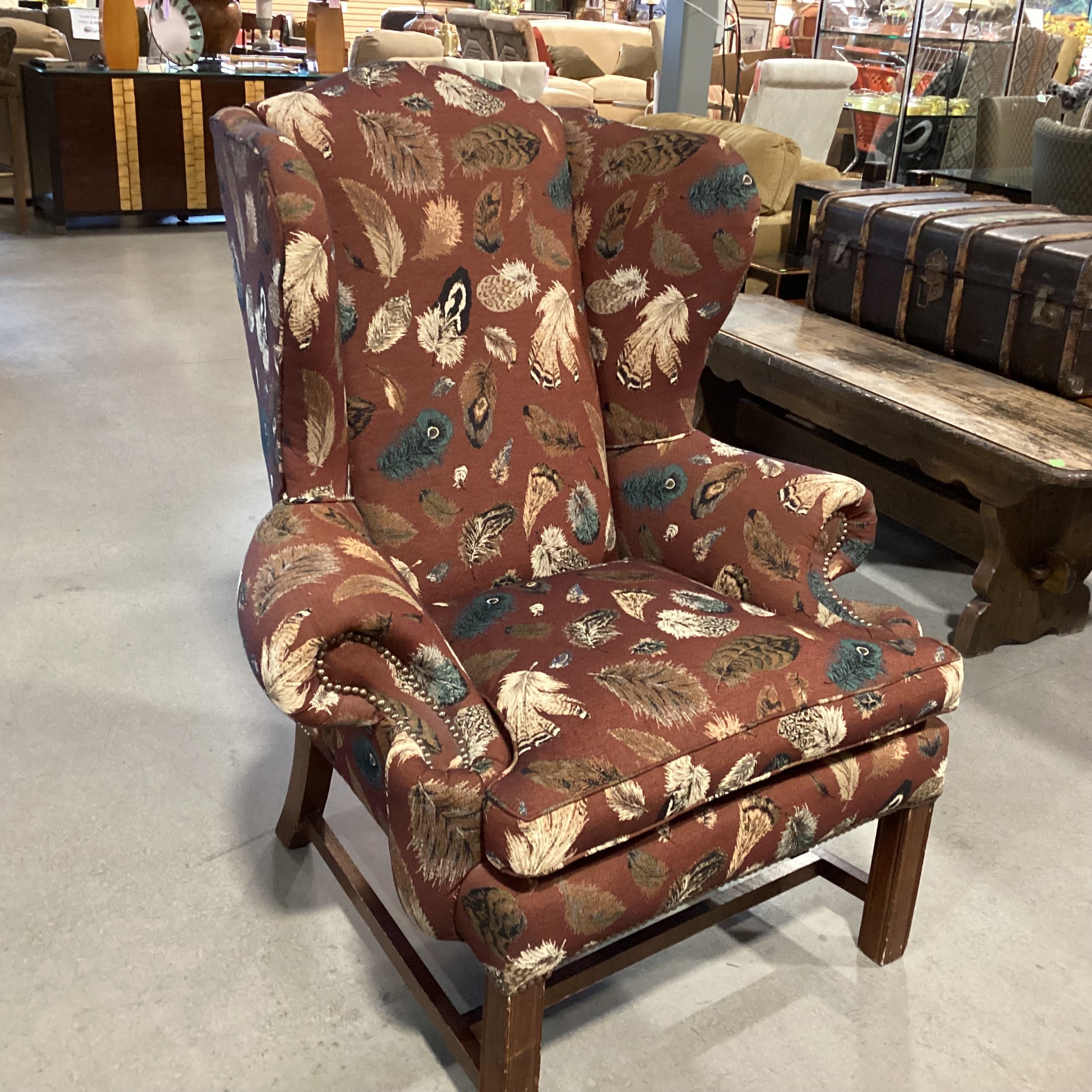 Brown Blue Feather Upholstery Nailhead Wing Chair 40"x 35"x 46"