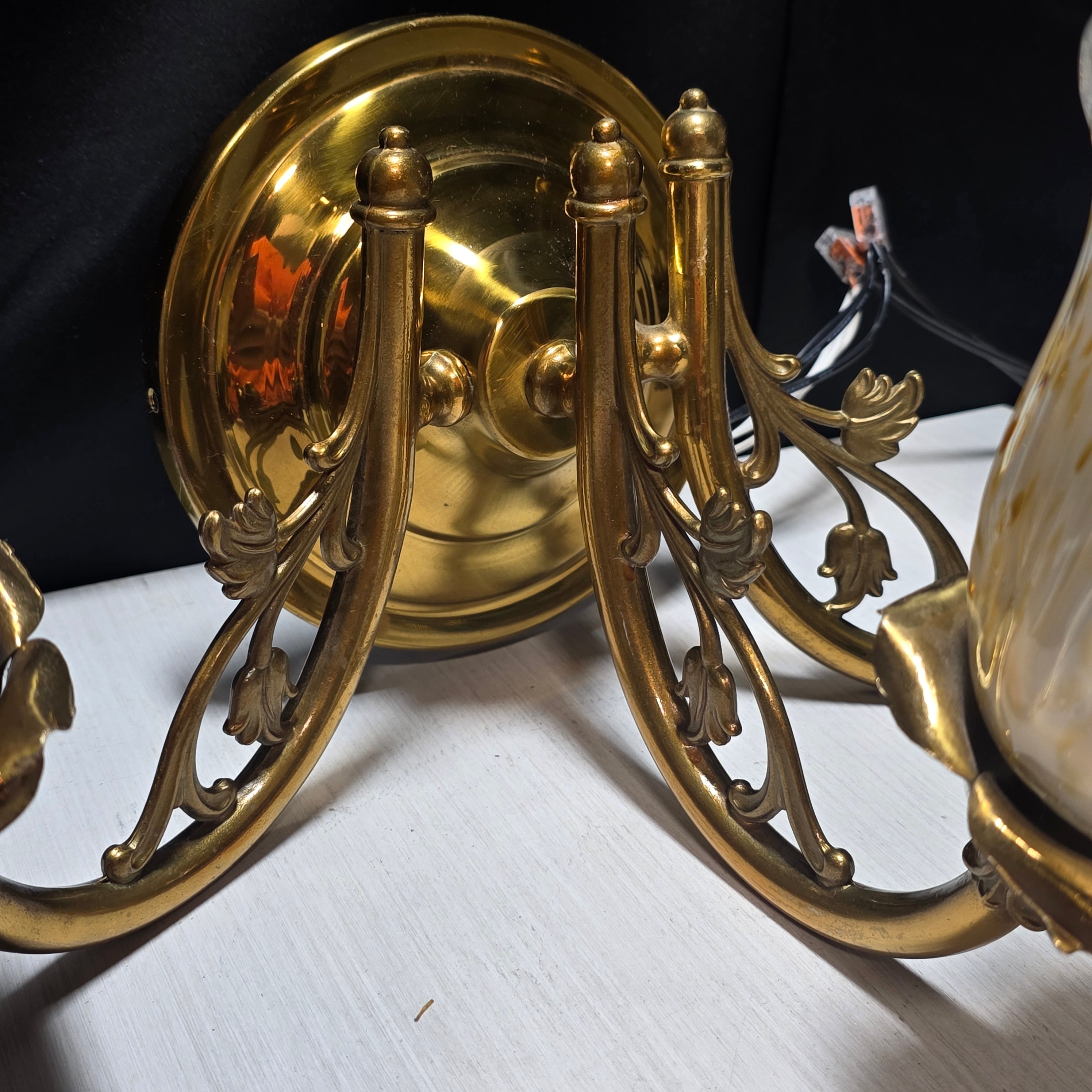 Vintage Brass Floral Three Light Sconce with Amber/Gold Flecks in Glass and Leafy  Arms17"x13"x7"