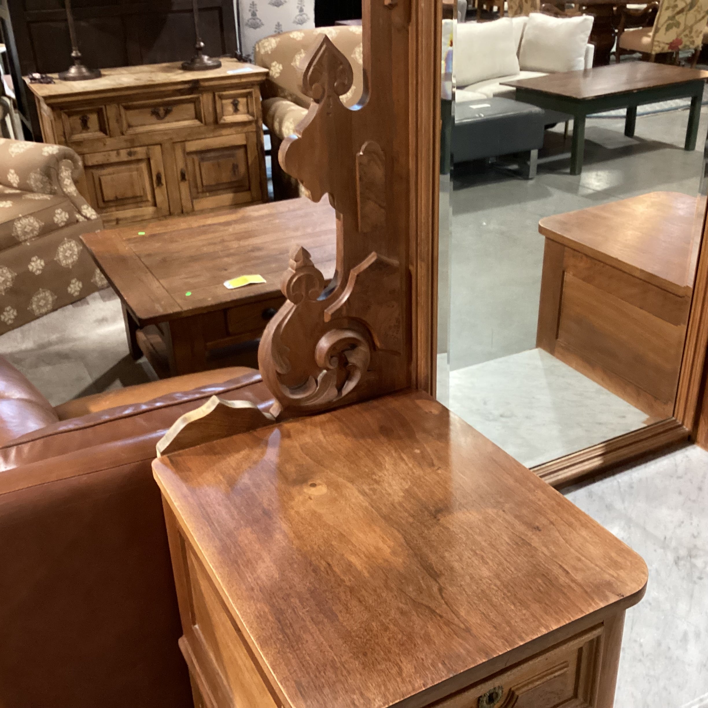 Antique Carved Wood with Mirror 4 Drawer & Marble Top Center Vanity Chest Dresser 52"x 20"x 87"