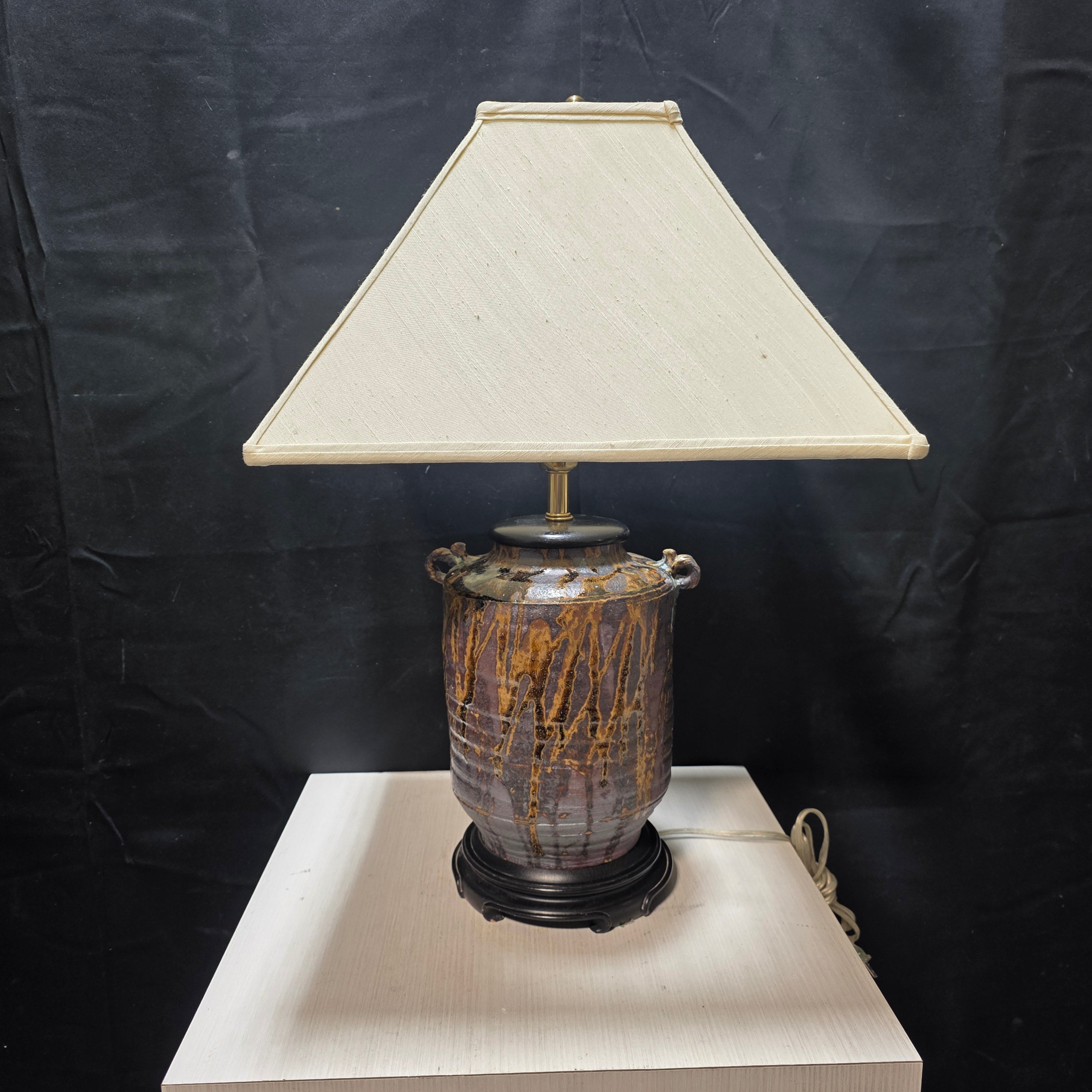 Raku Pottery Table Lamp with Square Shade 17"x17"x26"