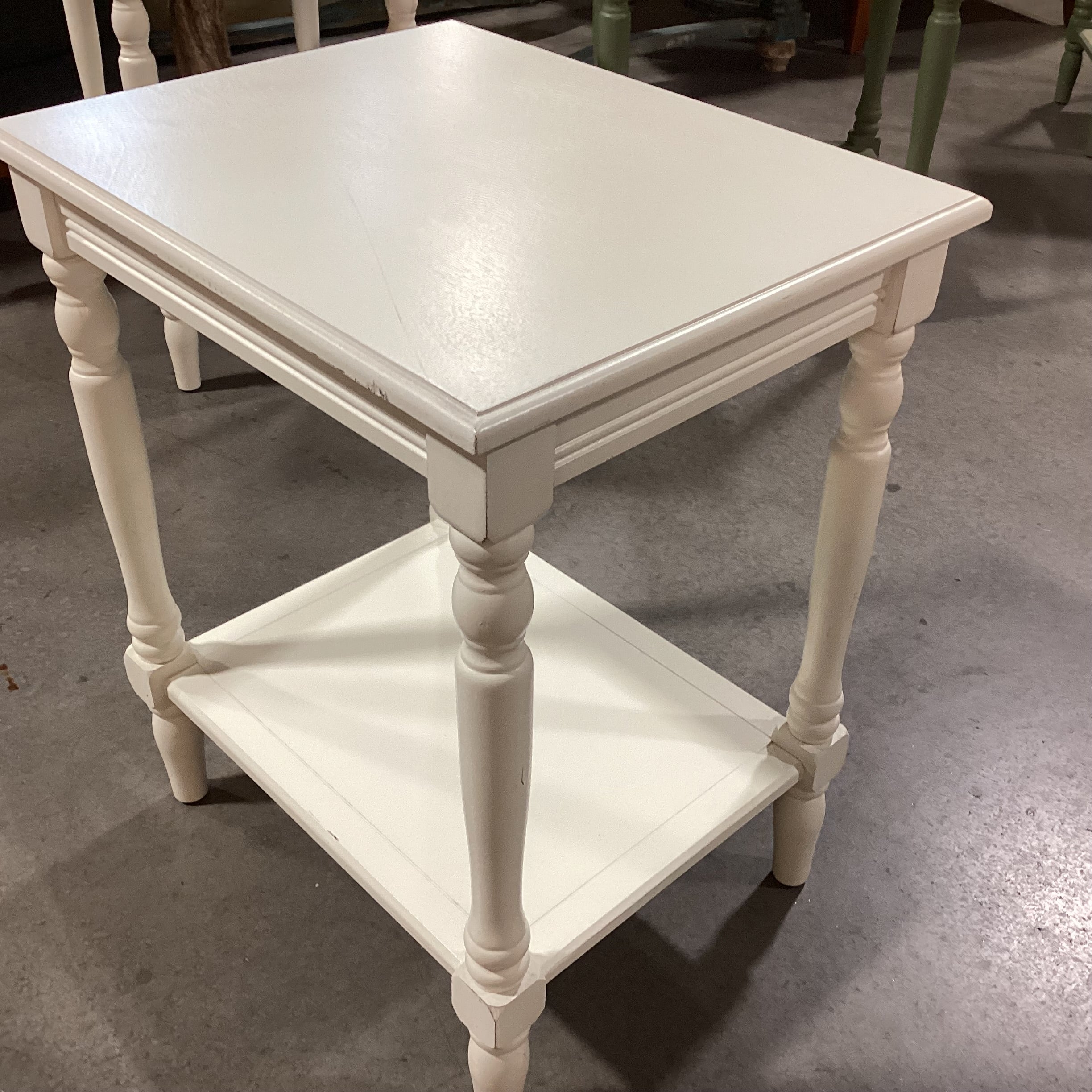 Ivory Painted Carved Wood 2 Tiered End Table 20"x 16"x 24.5"