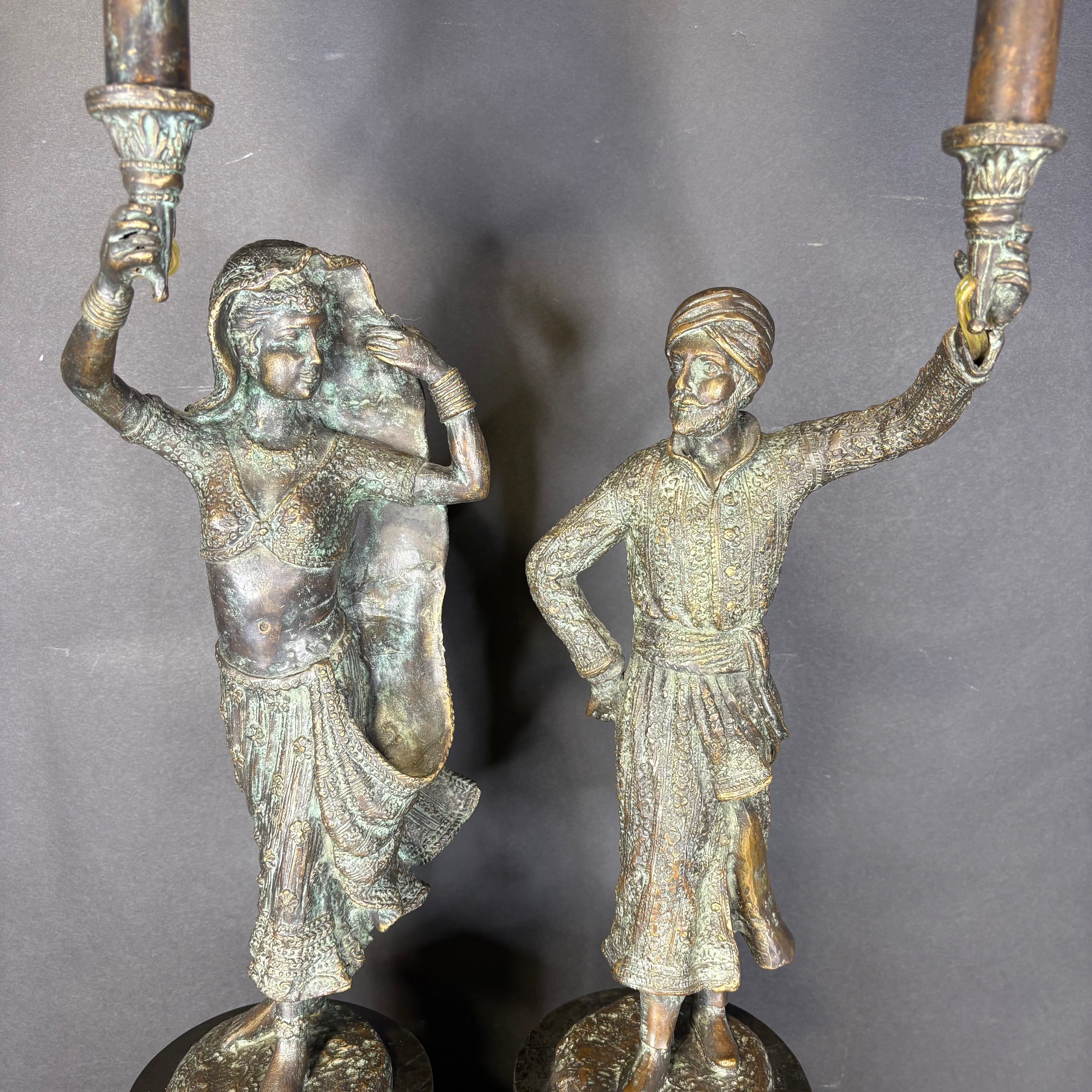 PAIR Aged Bronze Man and Woman Figurines Candlestick with Shade Table Lamp 10”x 7”x 38”