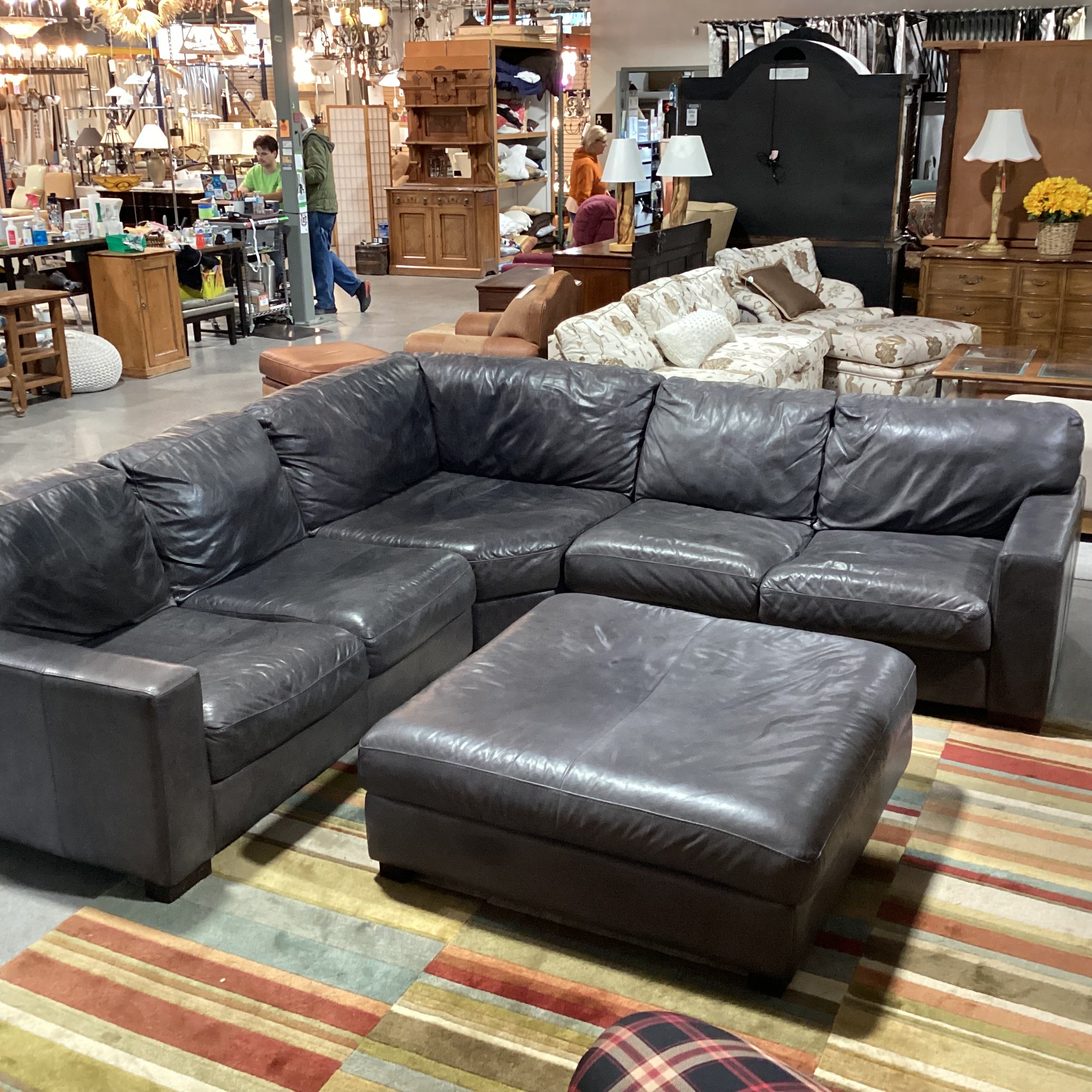 Softline Made in Italy Grey Distressed Leather 4 Piece with Ottoman Sectional 111"x 111"x 42"x 33"