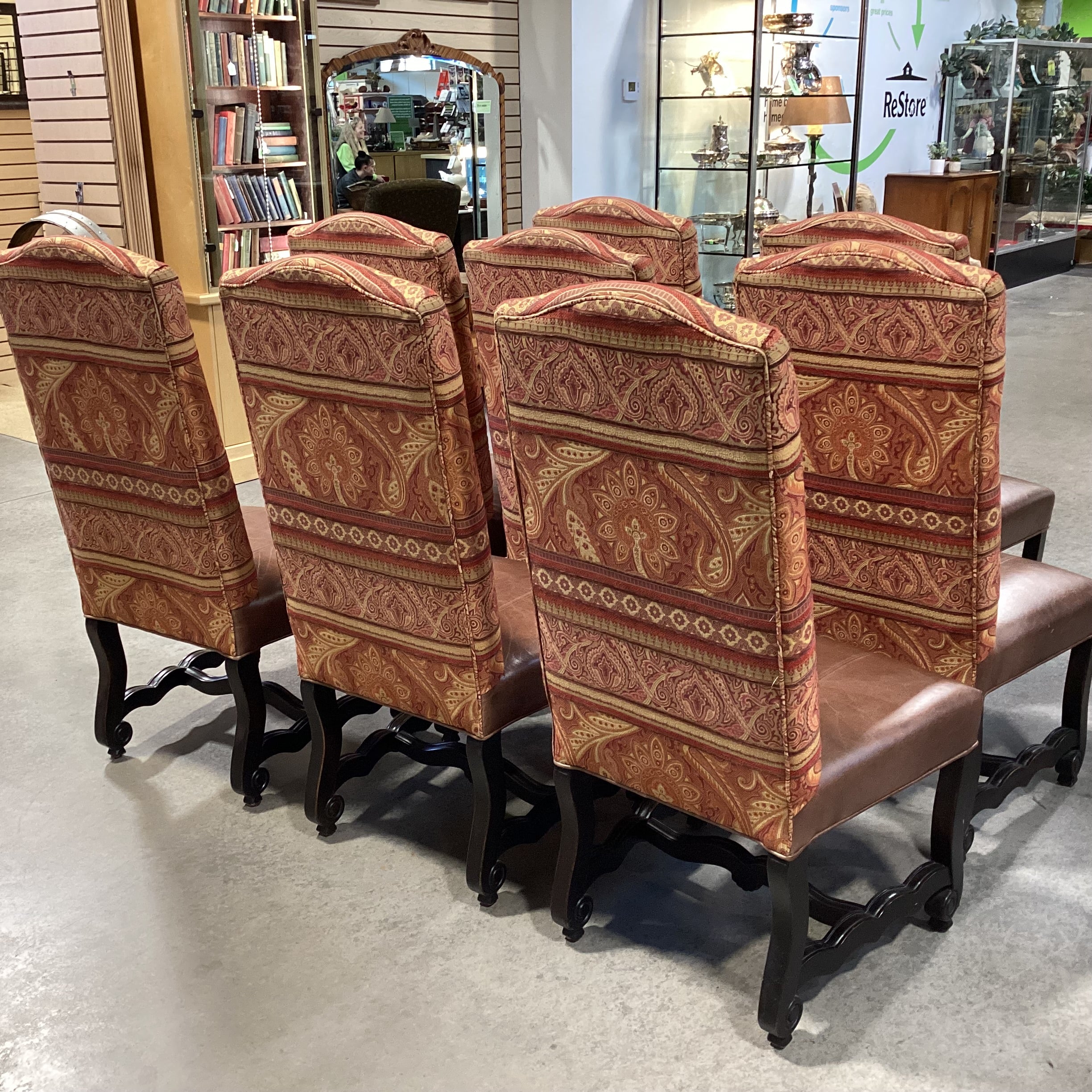 SET of 8 Carved Antiqued Black Wood Leather & Orange Gold Upholstered Dining Chairs 23"x 22"x 46"