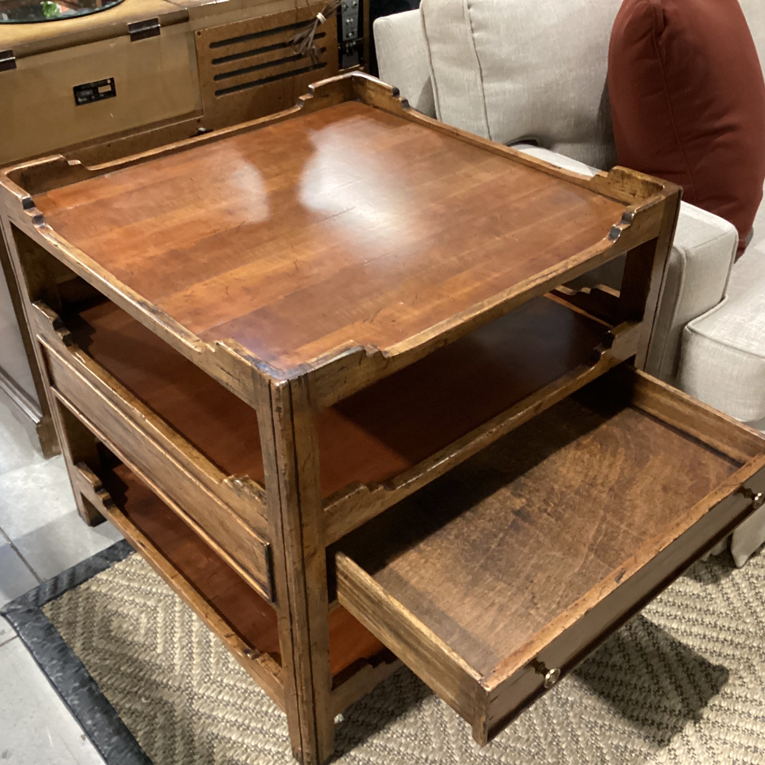 Distressed Carved Wood 3 Tiered 1 Drawer Accent Table 30"x 30"x 29.5"