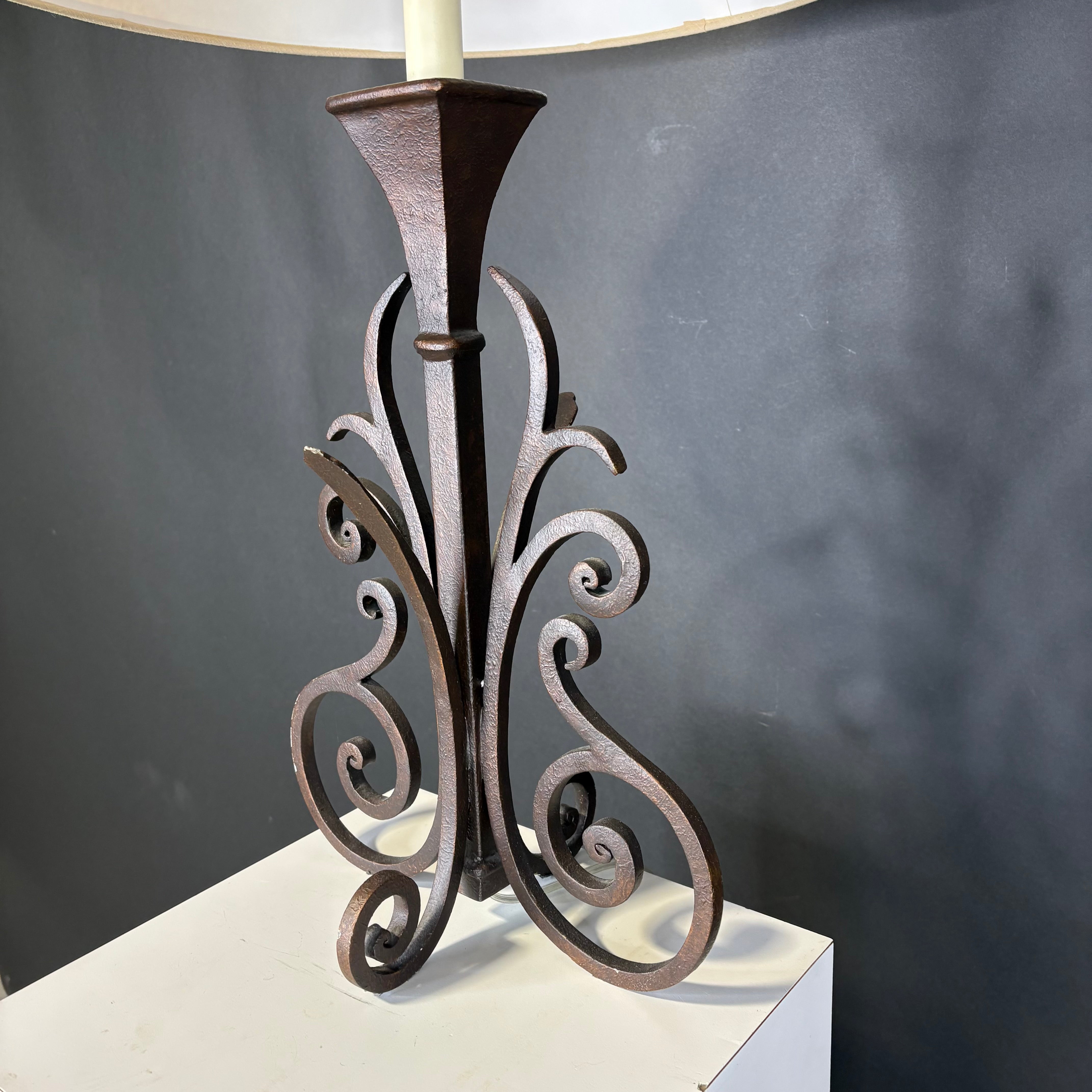 Pierre Deux French Country Bronze Wrought Iron with Shade Table Lamp 19” Diameter @ Shade x 29.5”