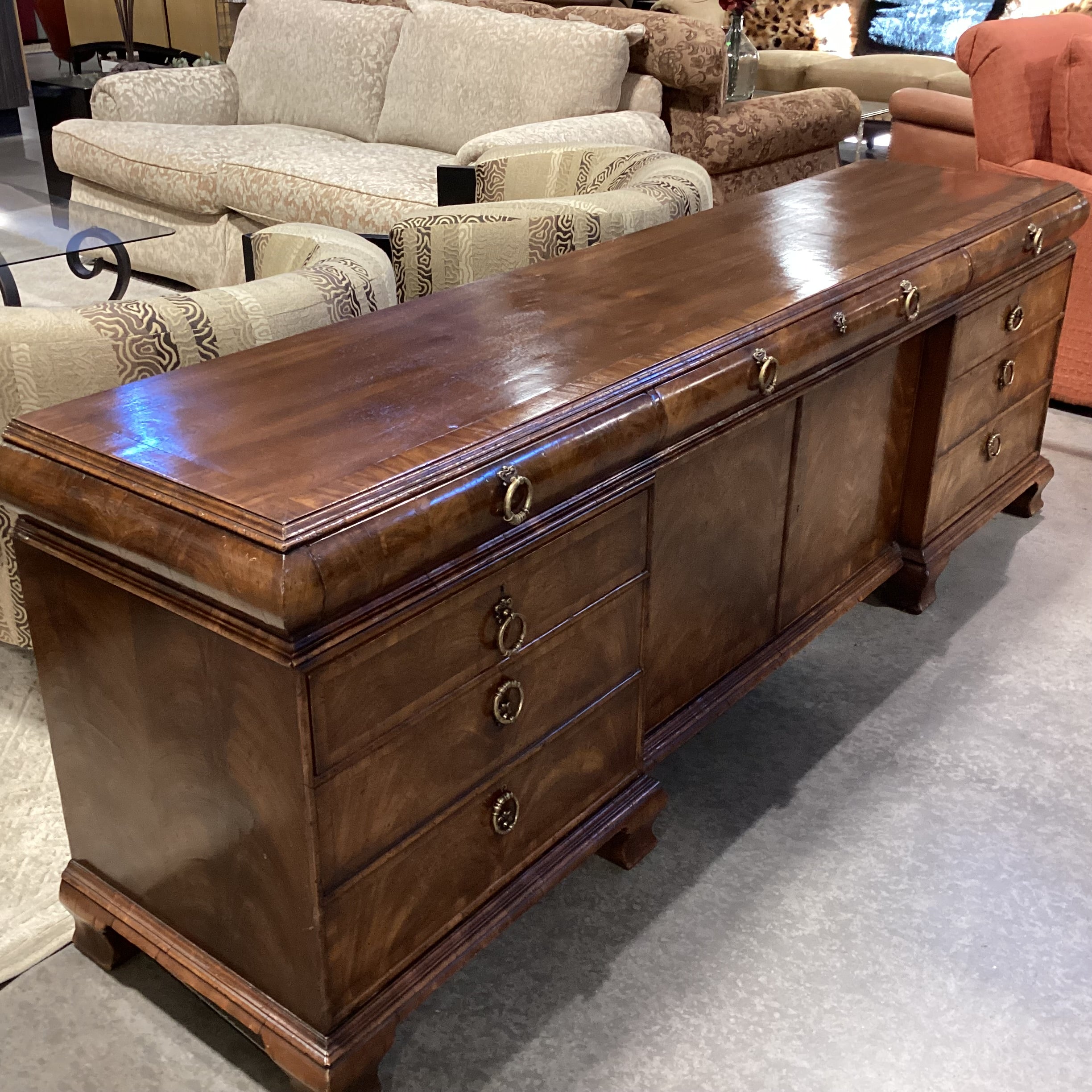 Alfonso Marina Ebanista Delaware Antiqued Primavera Wood & Brass 7 Drawer 2 Door Credenza 91.5"x 21"x 30.5"