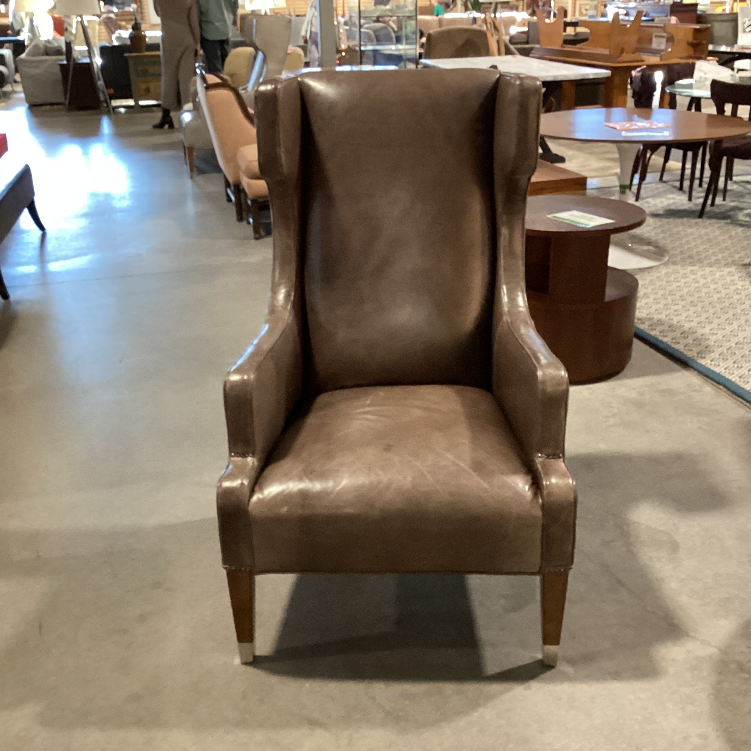 Thom Filicia Taupe Leather Nailhead Highback Wing & Slope Arm Chair 30"x 36"x 48"