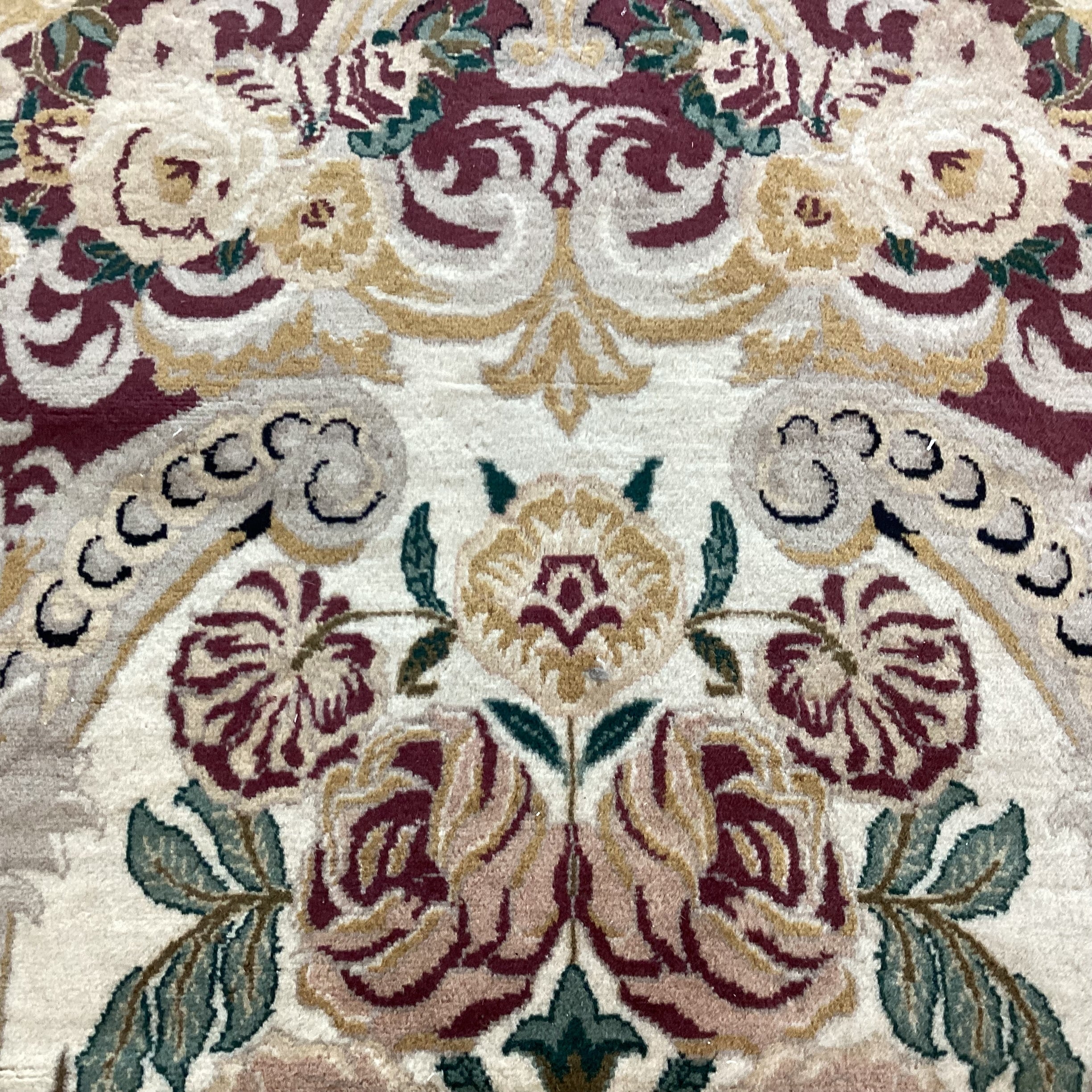 Cream Gold Burgundy & Green Floral Woven Wool Rug 10' x 14'