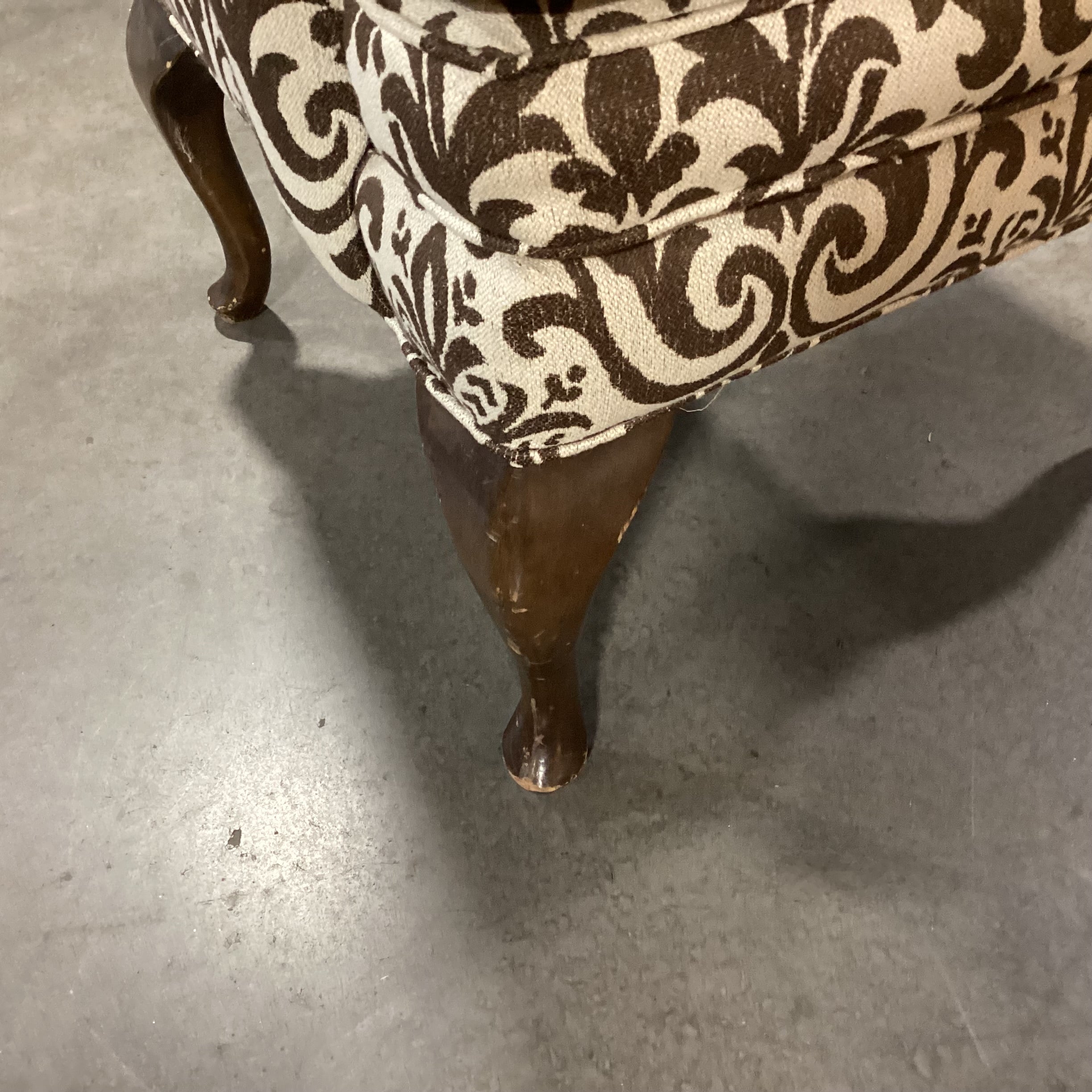 Custom Cream Brown Scroll Floral with Carved Legs Highback Wing Chair 30"x 30"x 50"