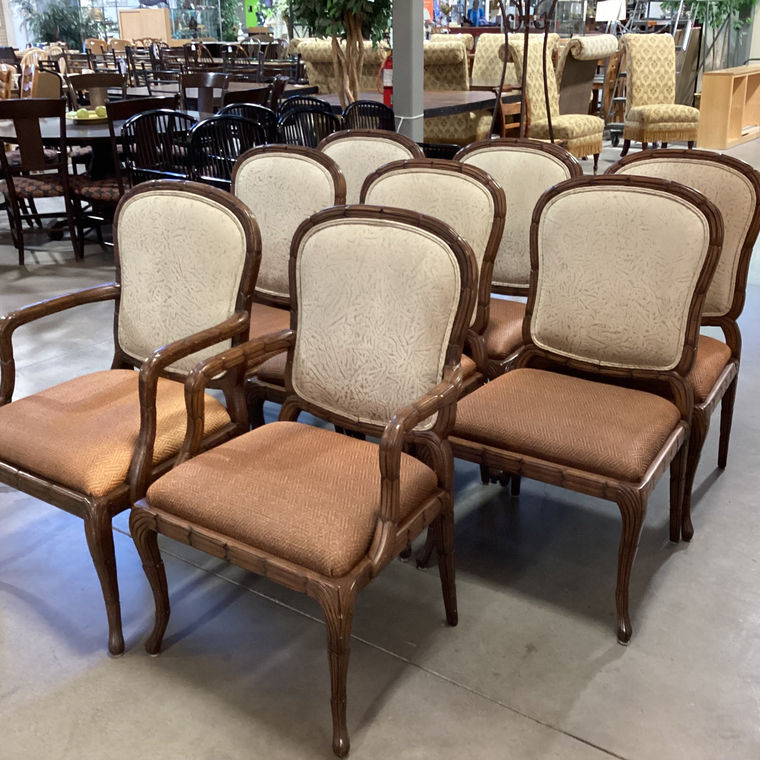 SET of 8 Ornate Carved Wood with Leather  Woven Seat & Suede Back Dining Chairs 24"x 22"x 40"