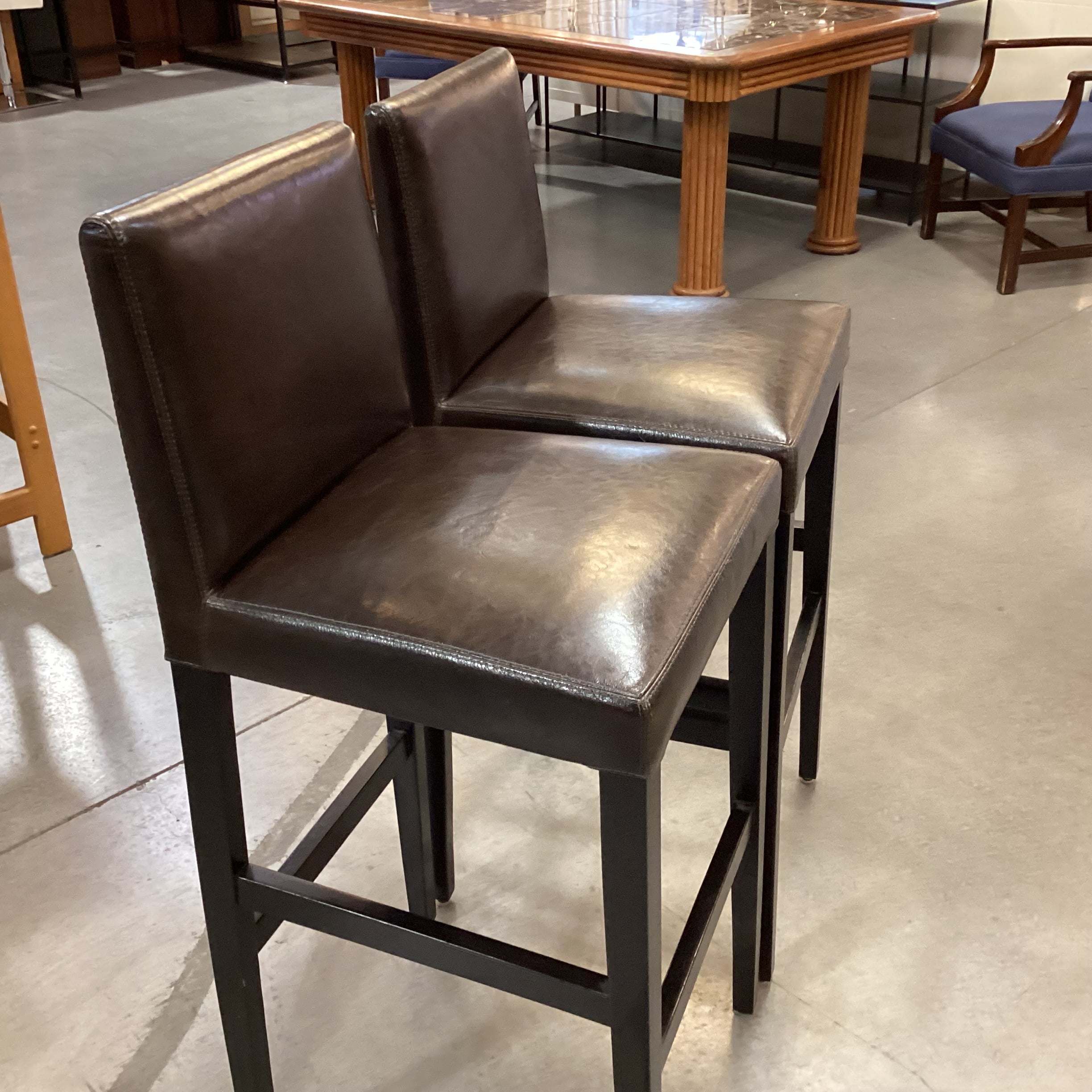 SET of 2 Crate & Barrel Leather & Black Wood Barstools 31"