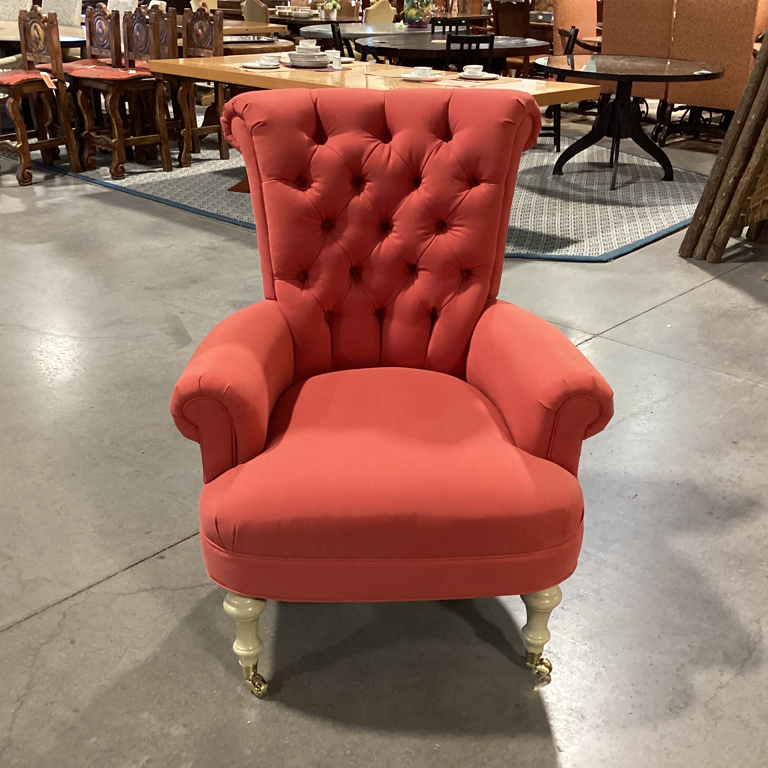 Red Orange Tufted Roll Back & Arms Front Casters Chair 34"x 38"x 44"