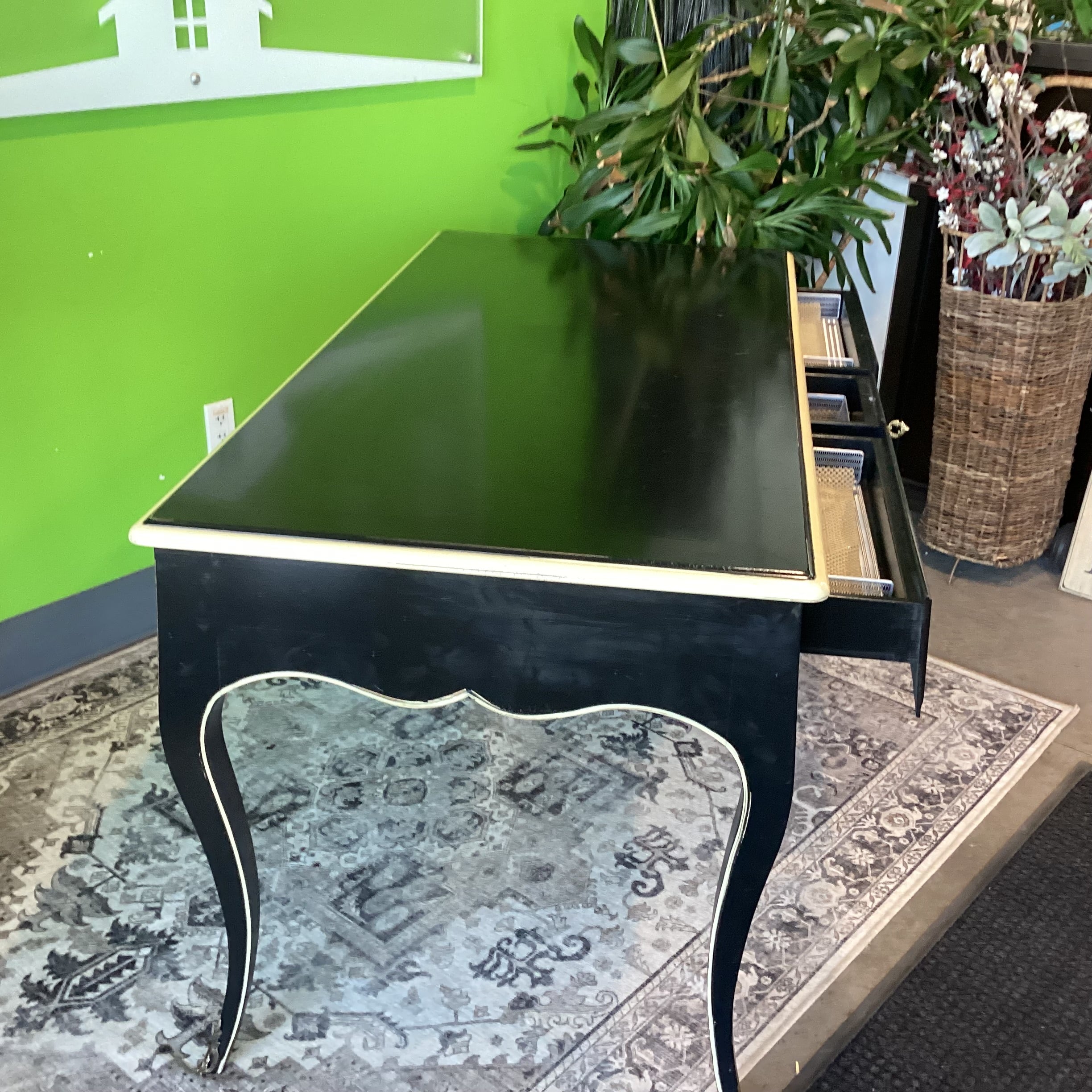 Vintage French Louis XV Style Black with Cream Detail & Brass Accent 3 Drawer Back Faux Front Desk 62"x 30"x 32"