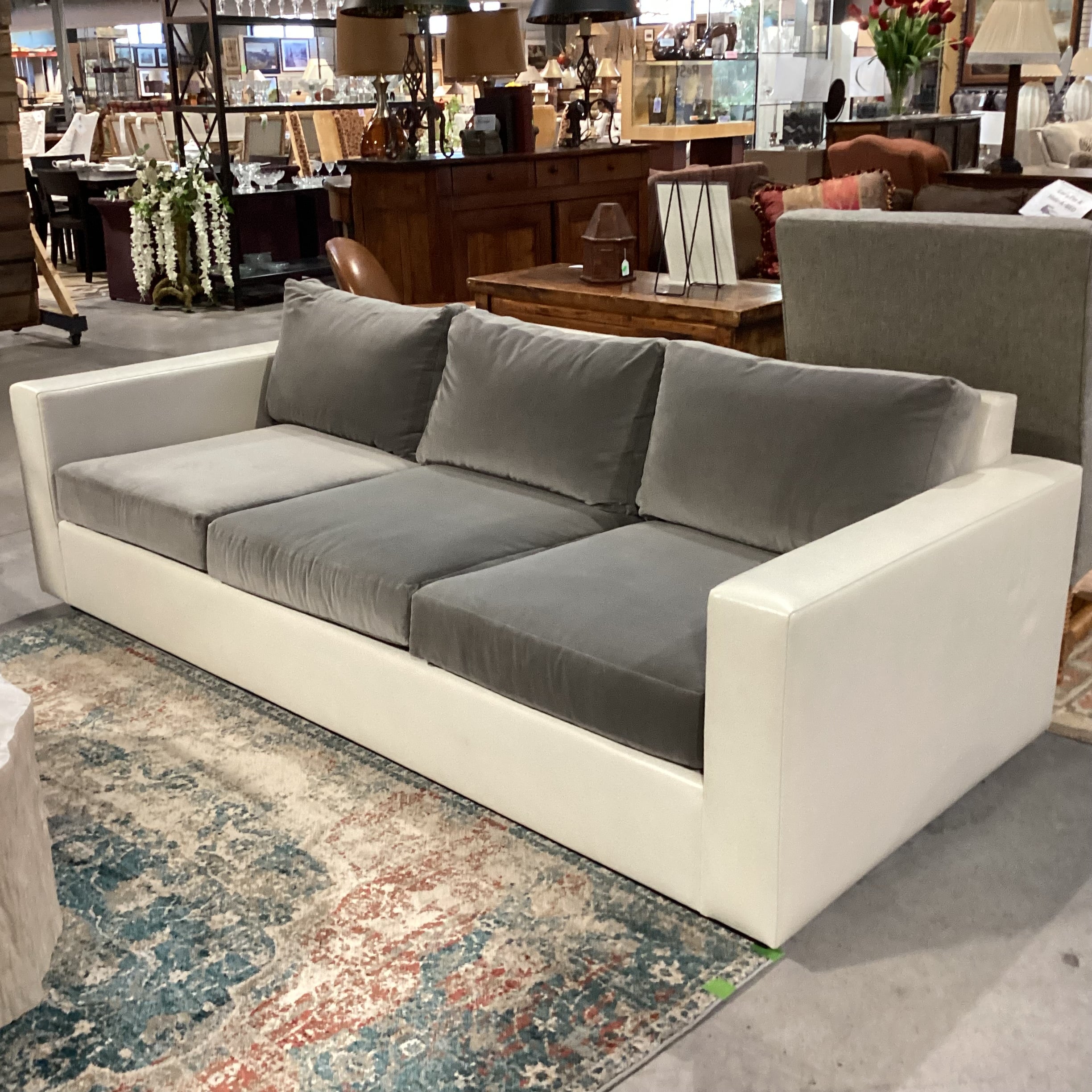 Custom Grey Velvet & Cream Leather Track Arm Down Mix Sofa 96"x 42"x 30"