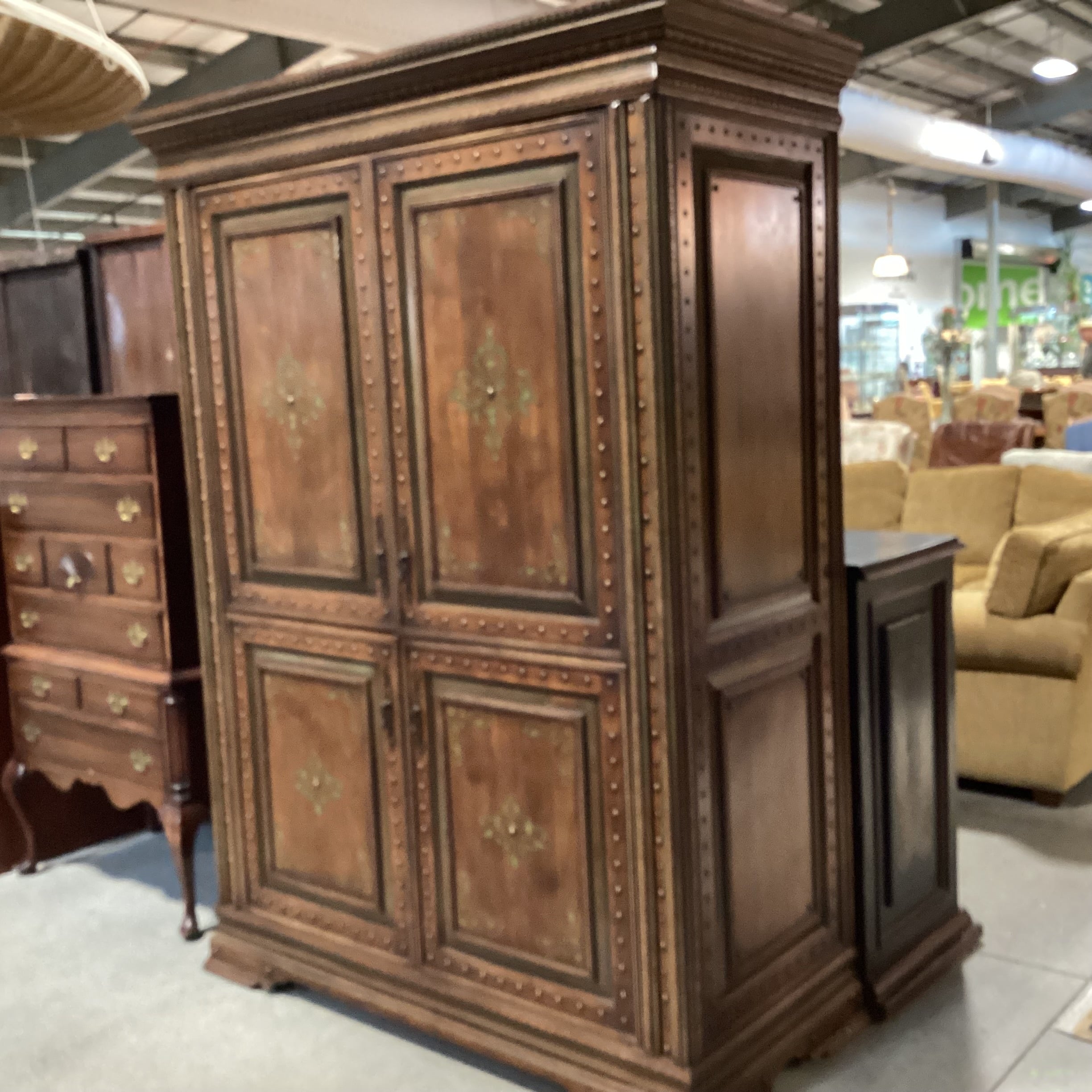 Carved Detail with Nailhead & Painted Design 4 Door Armoire