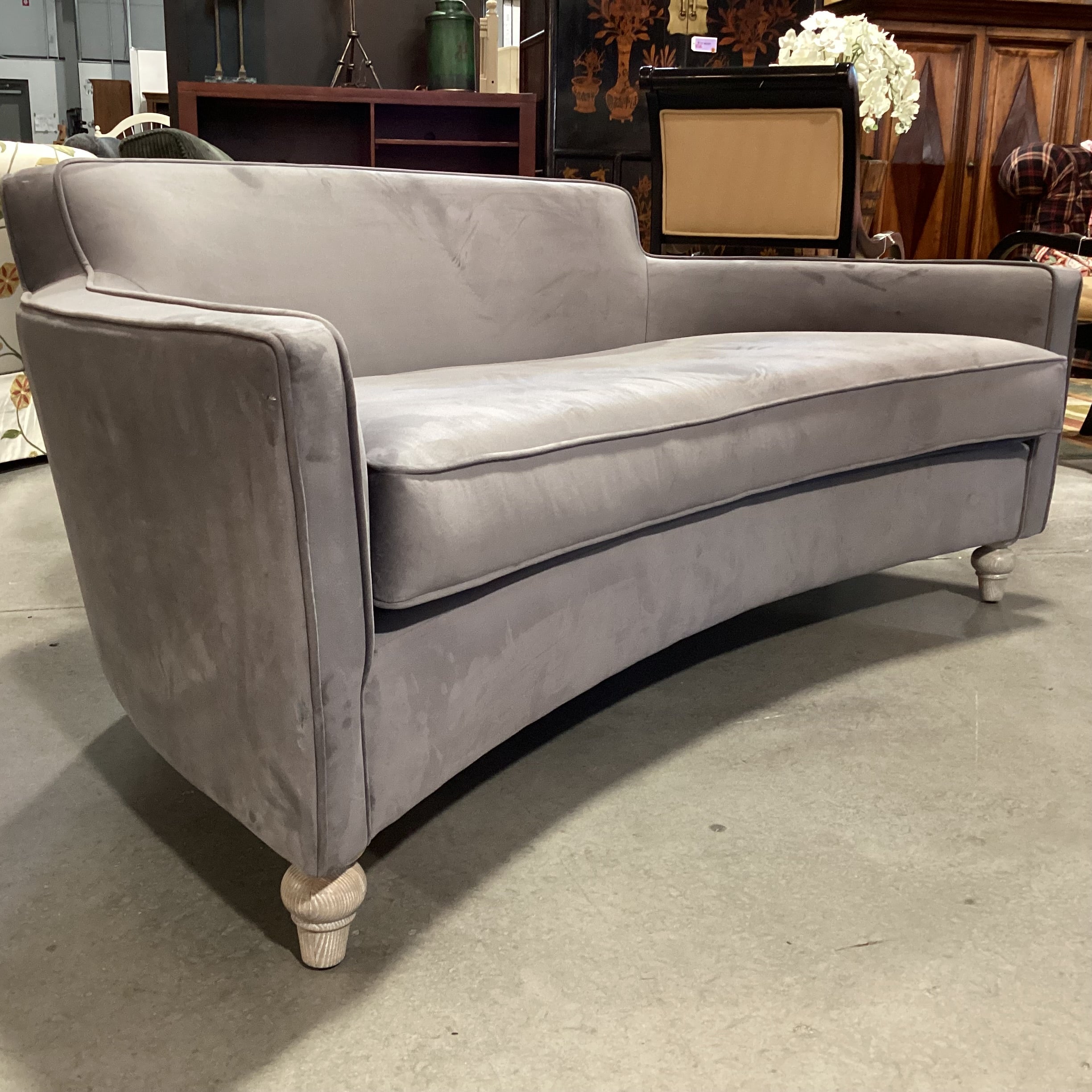Grey Plush Velvet with French Washed Oak Feet Curved Sofa 70"x 41"x 29"