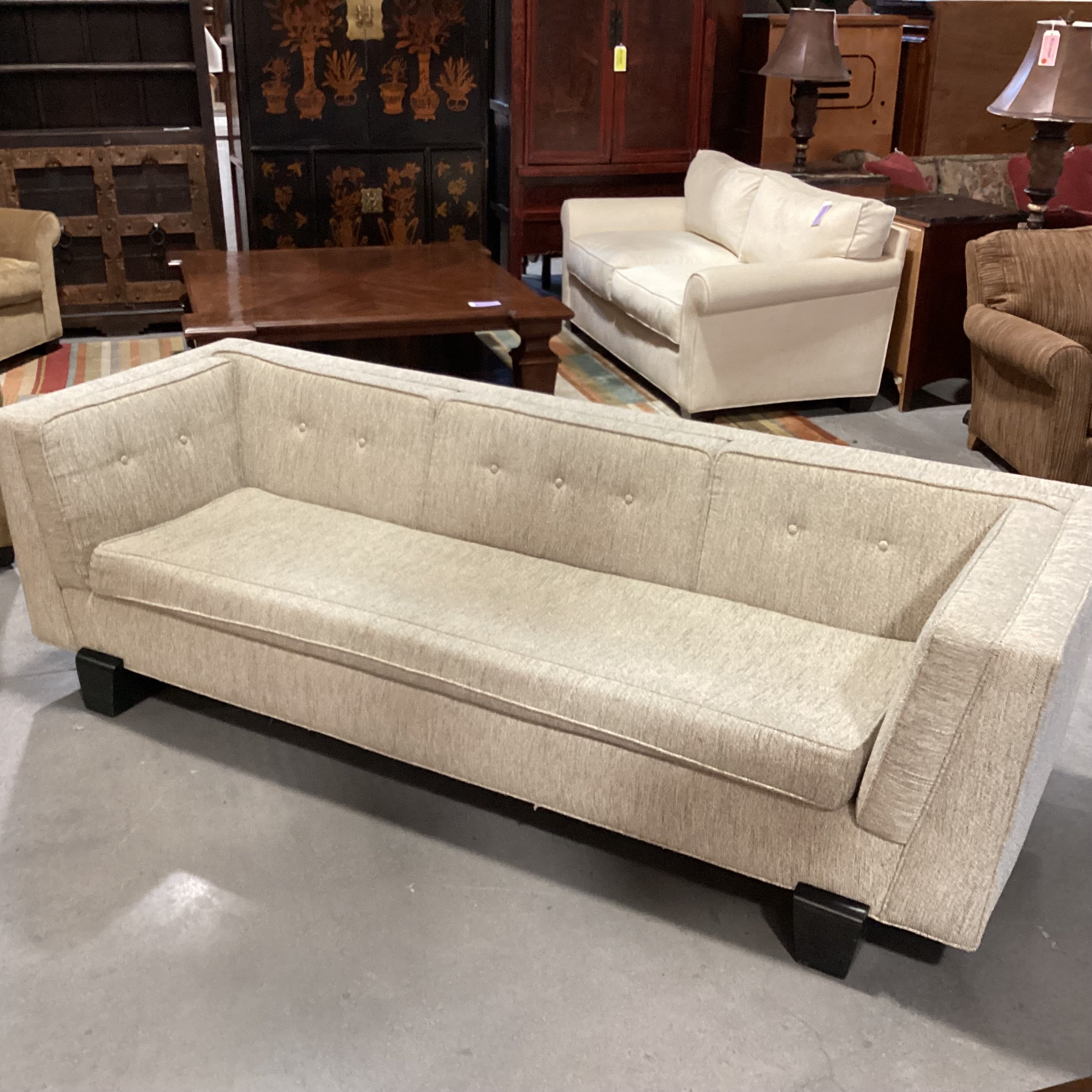 Vintage Asian Inspired Beige Woven Black Finished Wood Rail Base Sofa 98"x 37"x 29"