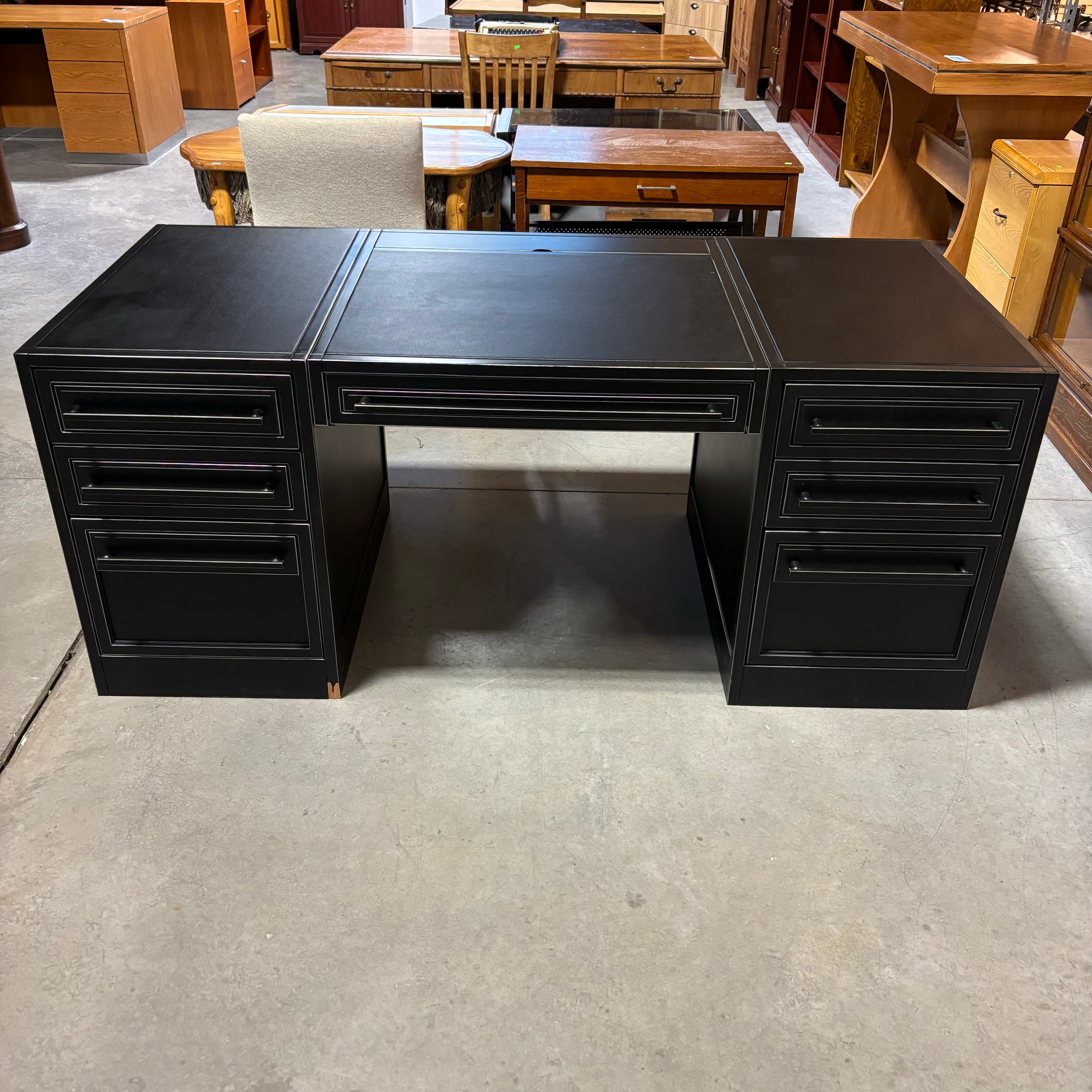 Arhaus Usine Black Finish Wood with Leather Top 6 Soft Close Drawers & Center Pullout Executive Desk 72"x 34"x 30"