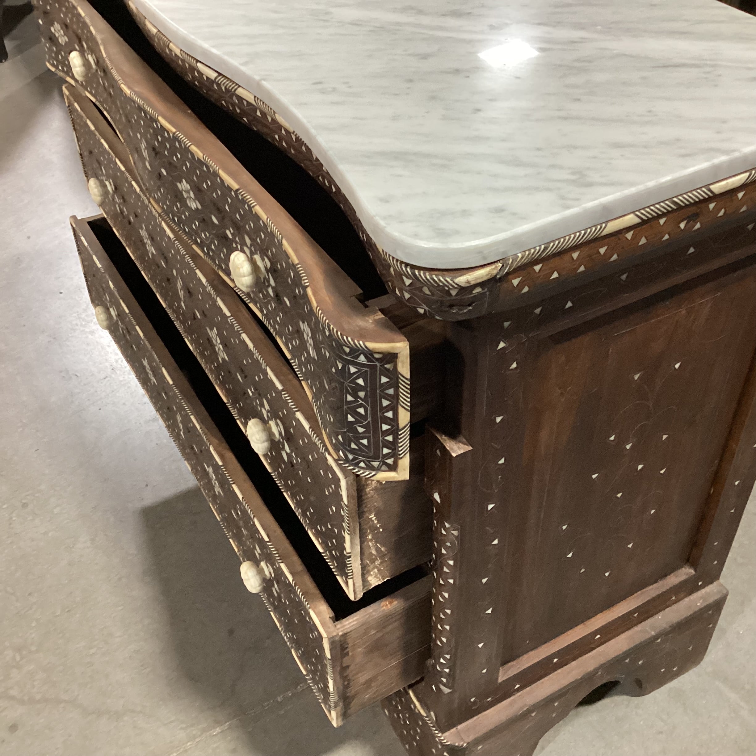 Damascus Carved Wood Mother of Pearl Inlay & Marble Top Wedding Chest 45.5"x 20.5"x 37"