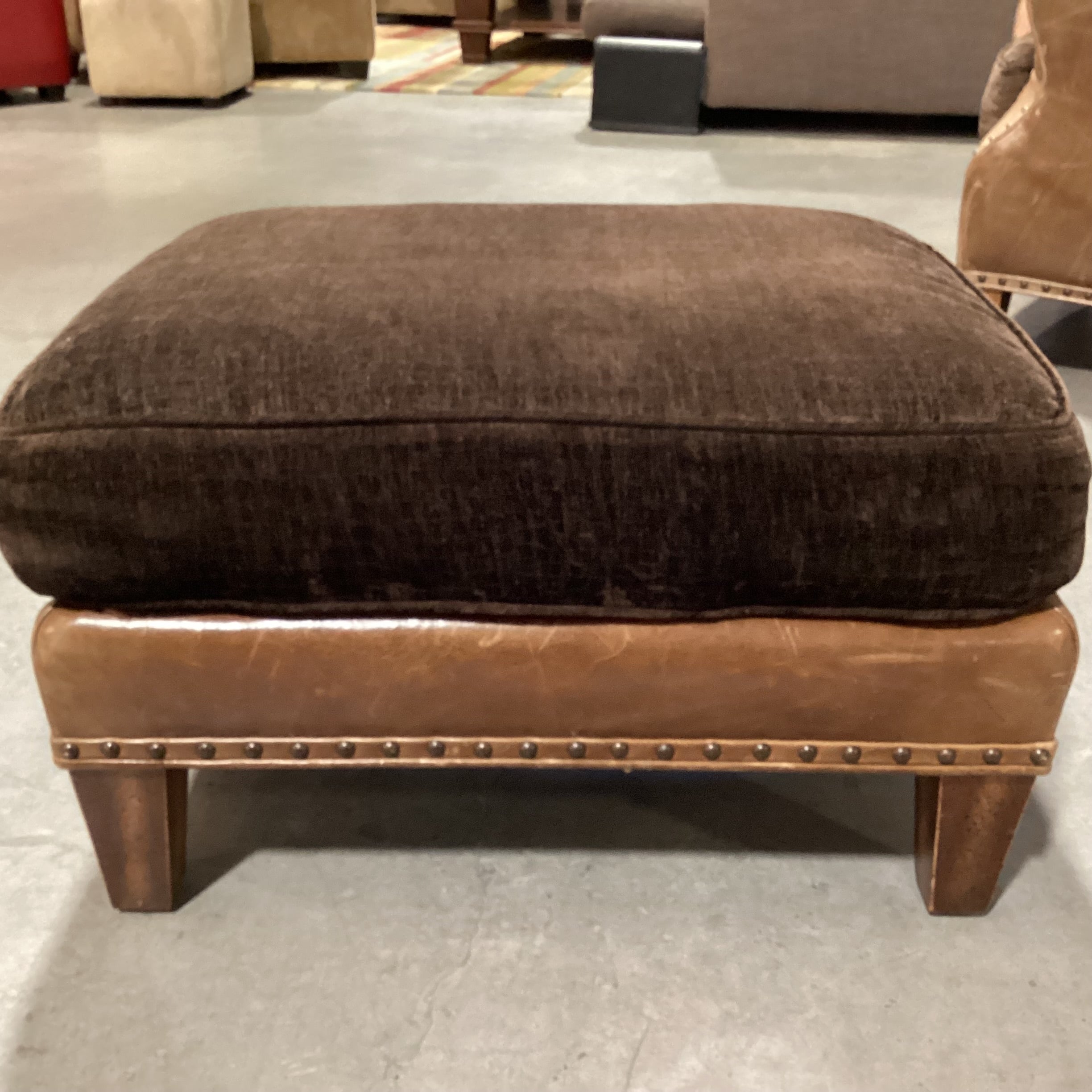 Wesley Hall Collection Distressed Leather Nailhead & Brown Upholstered Ottoman 26"x 21"x 15"