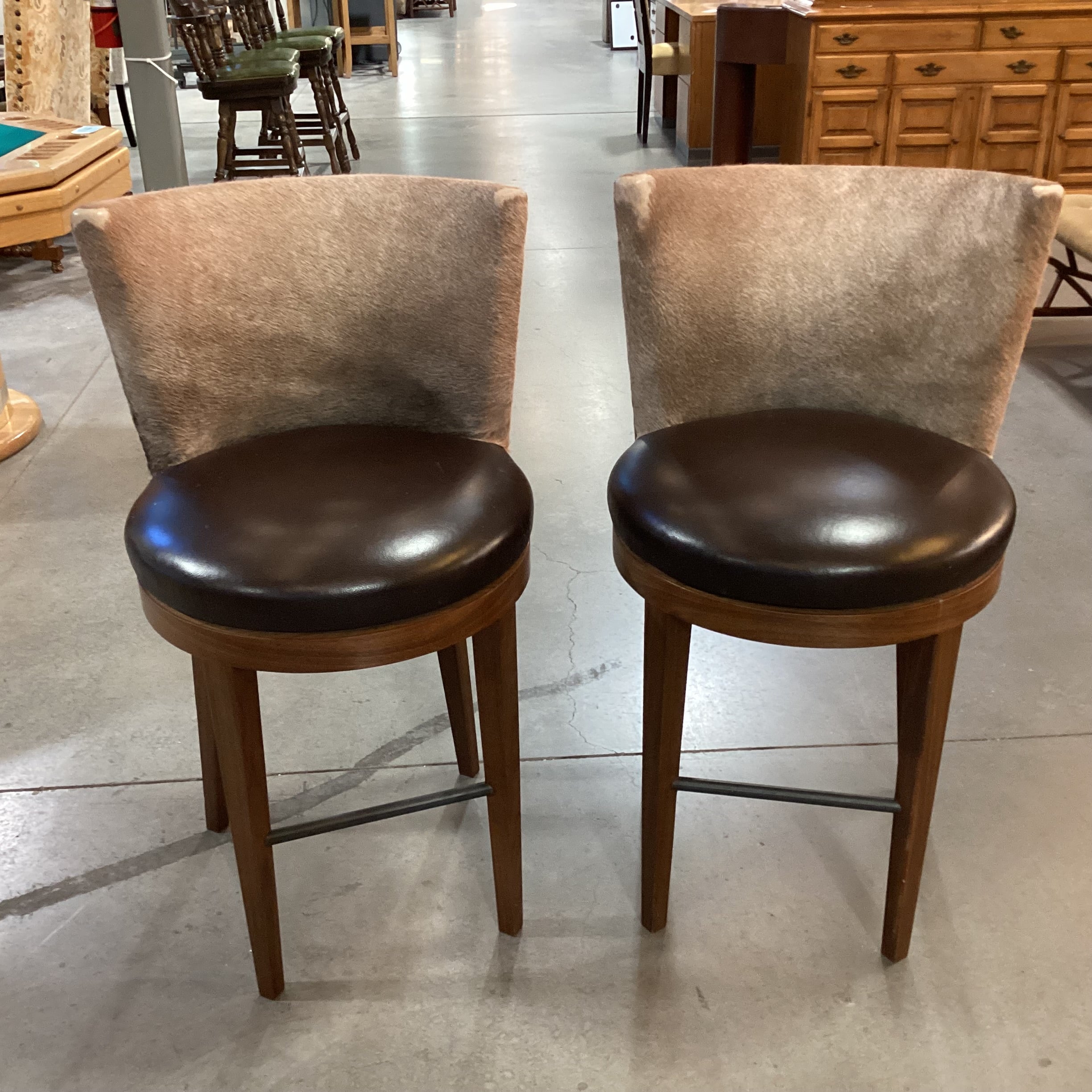 SET of 2 Carved Wood Cowhide & Leather Swivel Barstools 27"