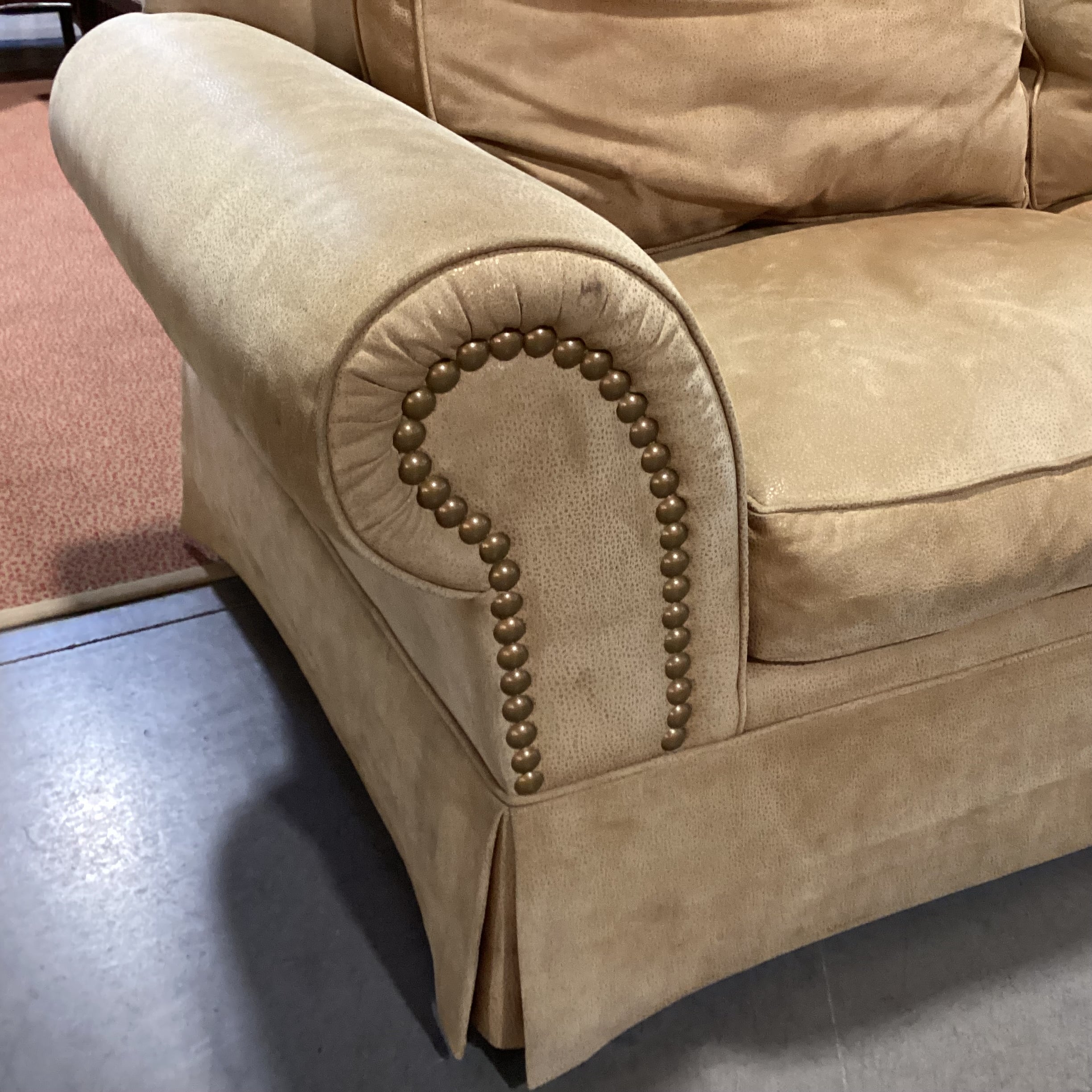 Golden Tan Leather Roll Arm Nailhead Sofa 86"x 40"x 32"