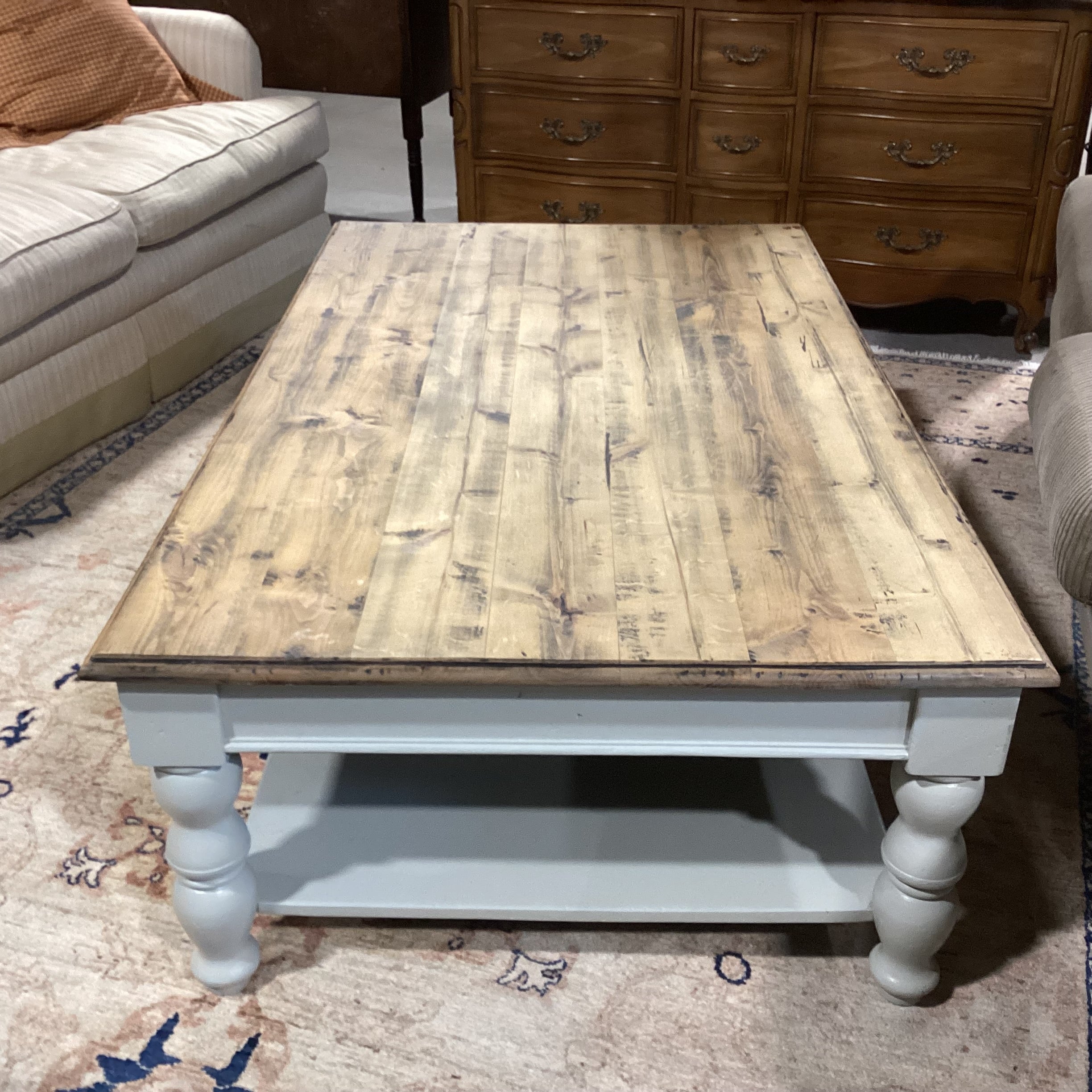 Rustic Distressed Plank Top & Dove Grey Carved Wood Coffee Table 60"x 36"x 19"