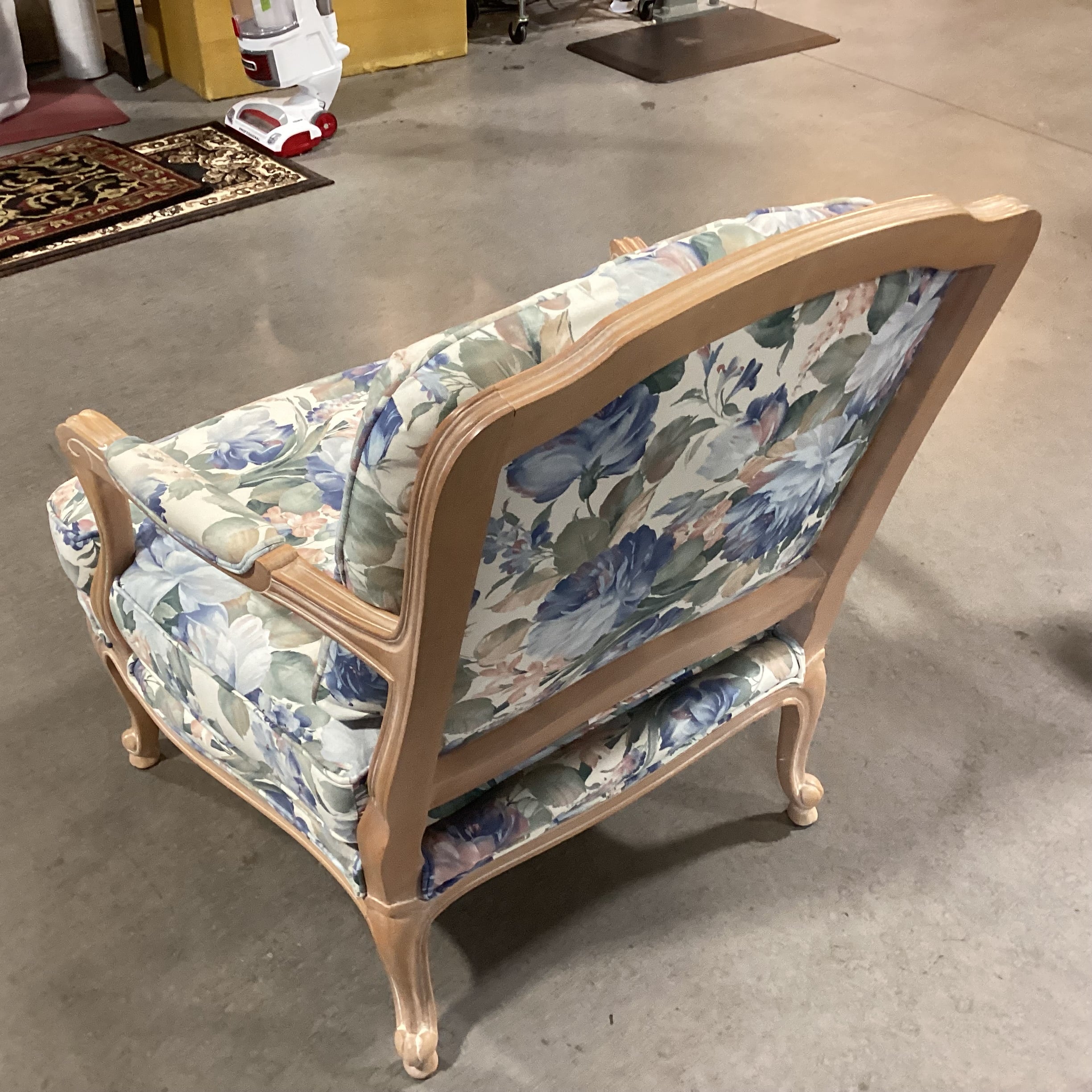 White Washed Carved Wood & Blue Floral Chair 30"x 32'x 35"