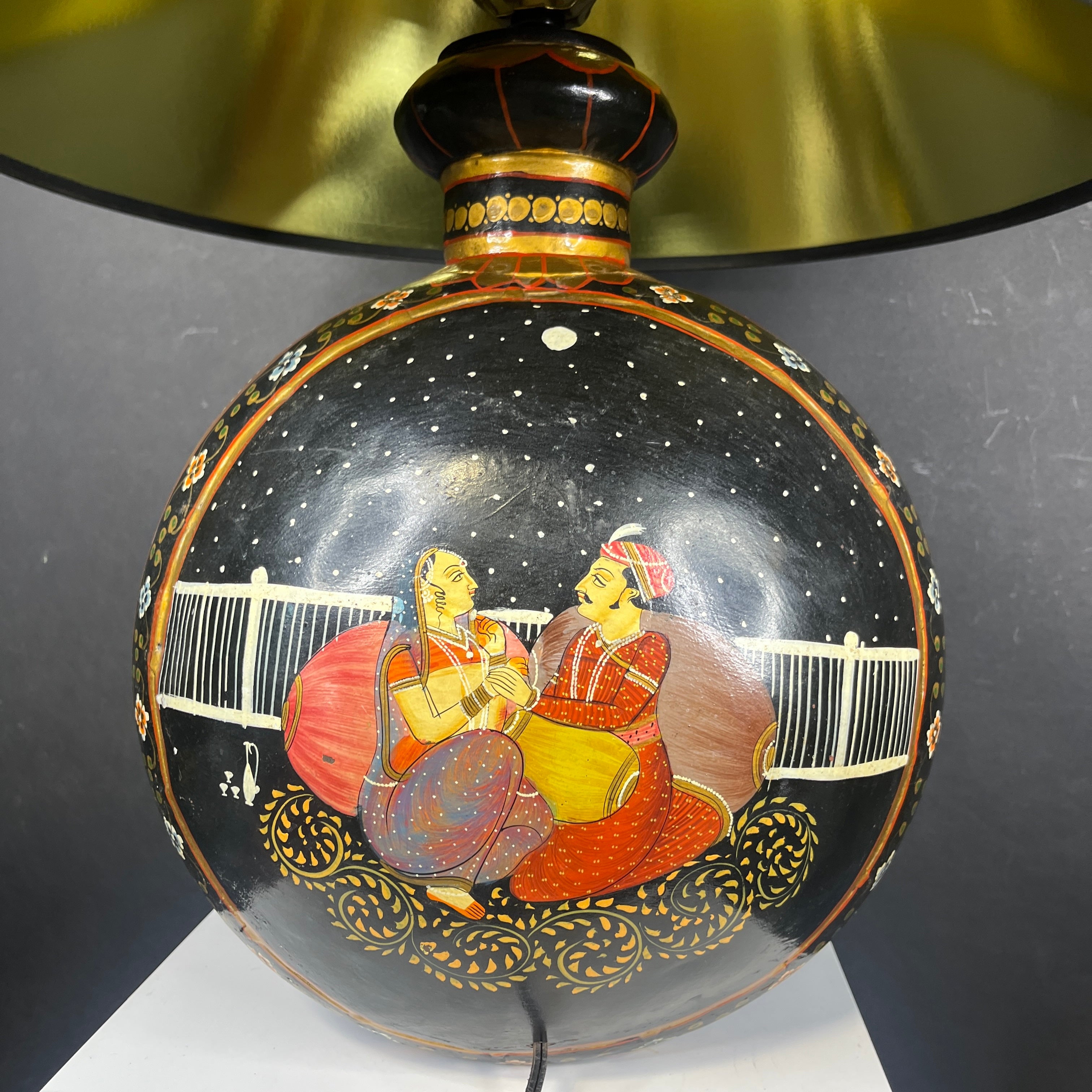 Vintage Double Sided Hand Painted Black and Gold Lovers Metal Vase with Shade Table Lamp 18” Diameter @ Shade x 25”