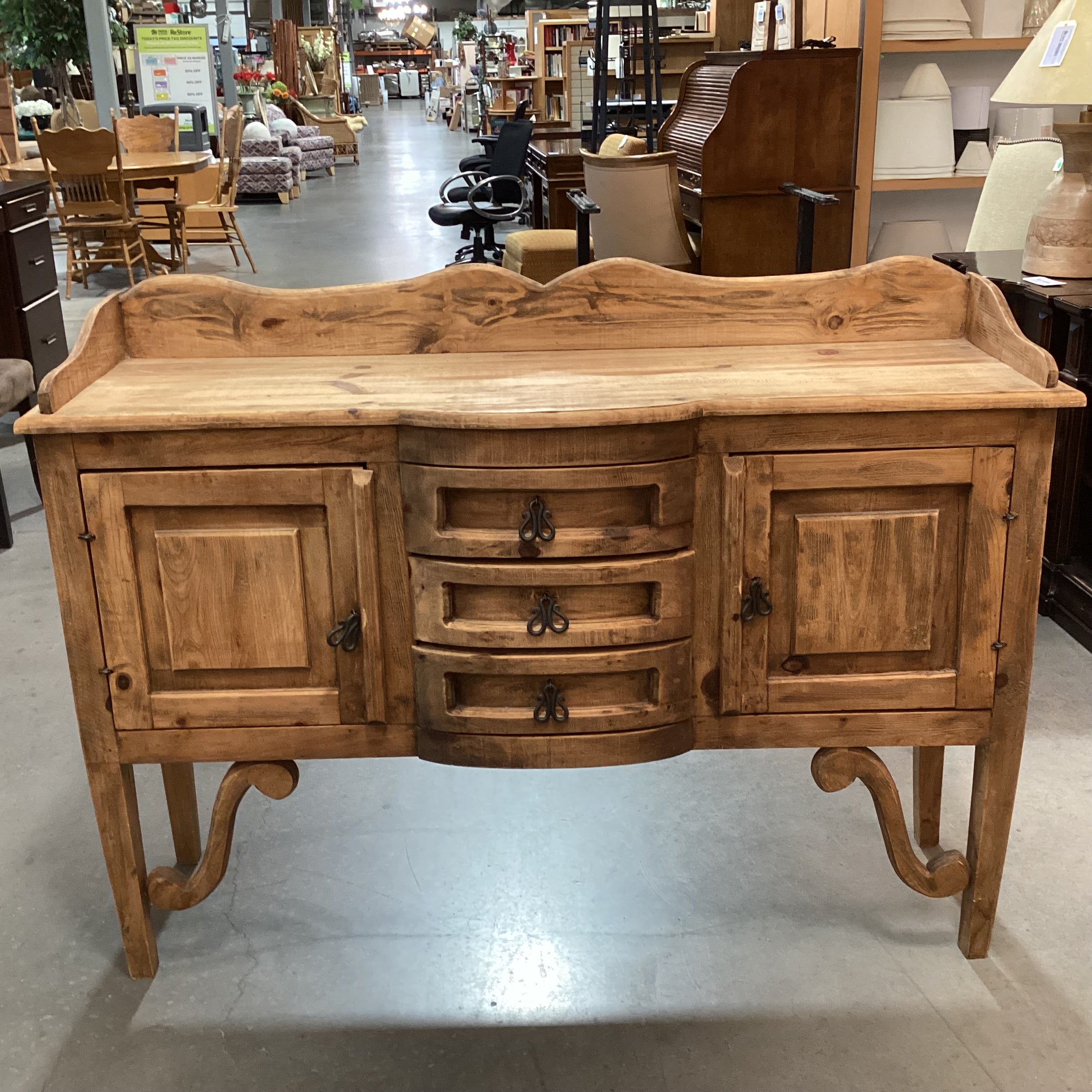 Rustic Distressed Pine with Iron Pulls 2 Door 3 Drawer Buffet Sideboard 55"x 16"x 41"