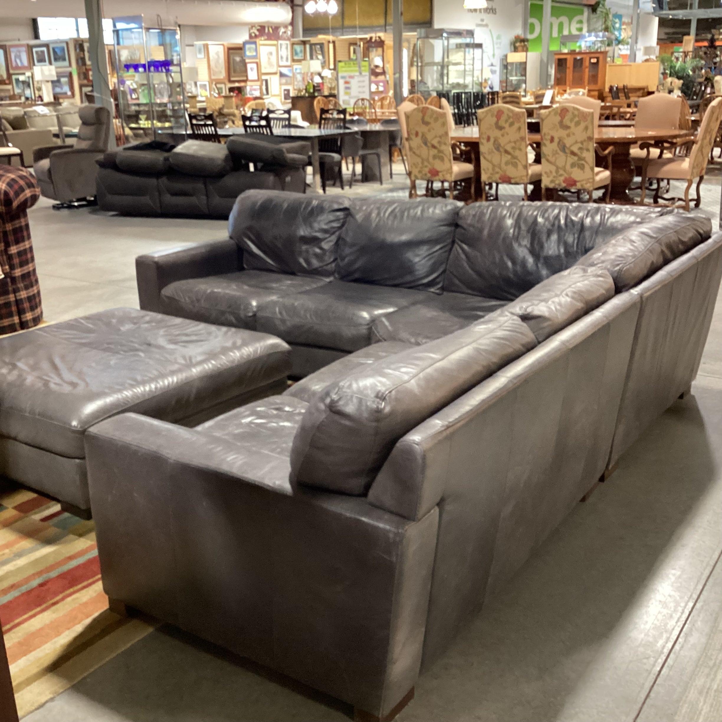 Softline Made in Italy Grey Distressed Leather 4 Piece with Ottoman Sectional 111"x 111"x 42"x 33"