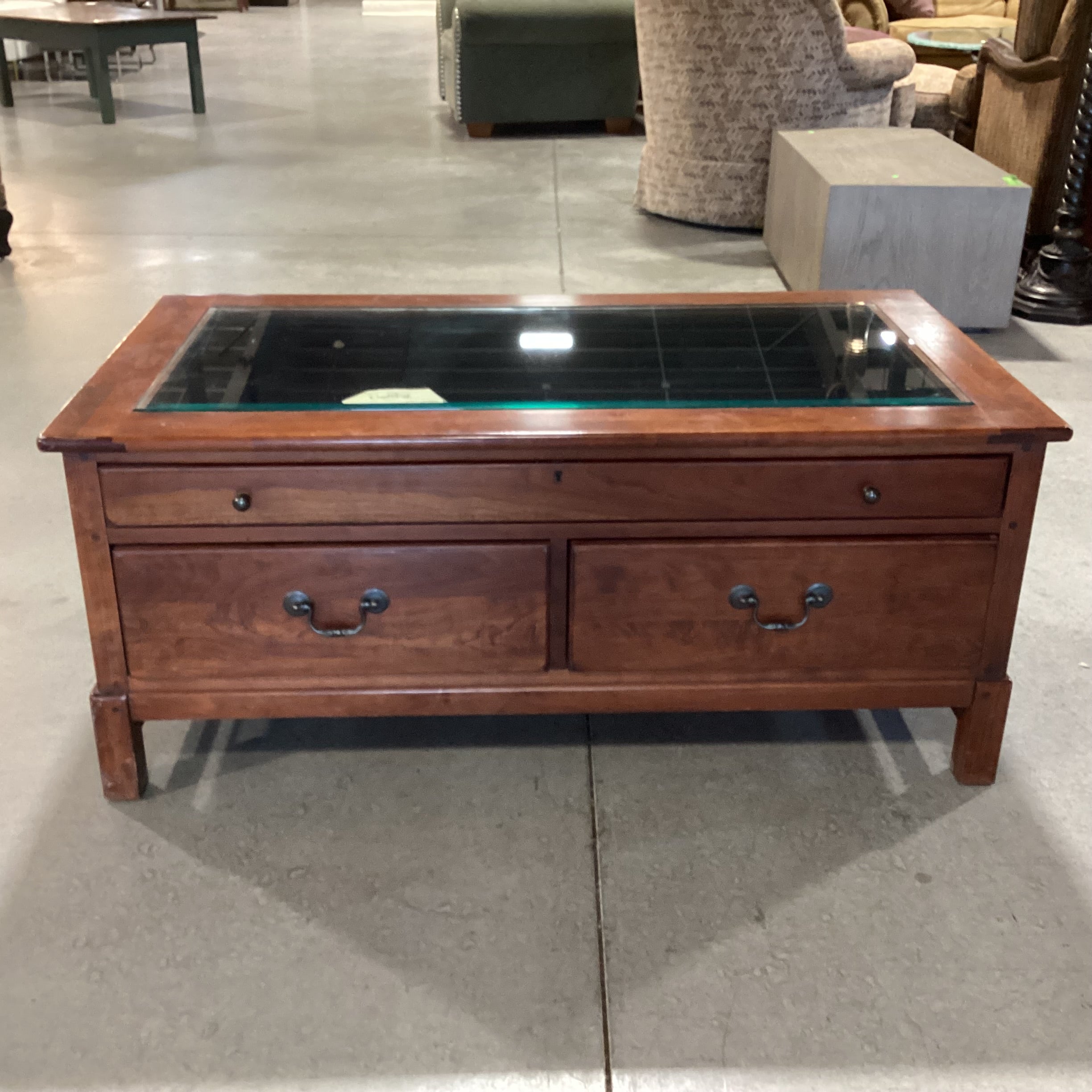 Bob Timberlake for Lexington Finished Wood & Glass Top Double Sided Pull Through Drawers Display Coffee Table 44"x 24"x 19"