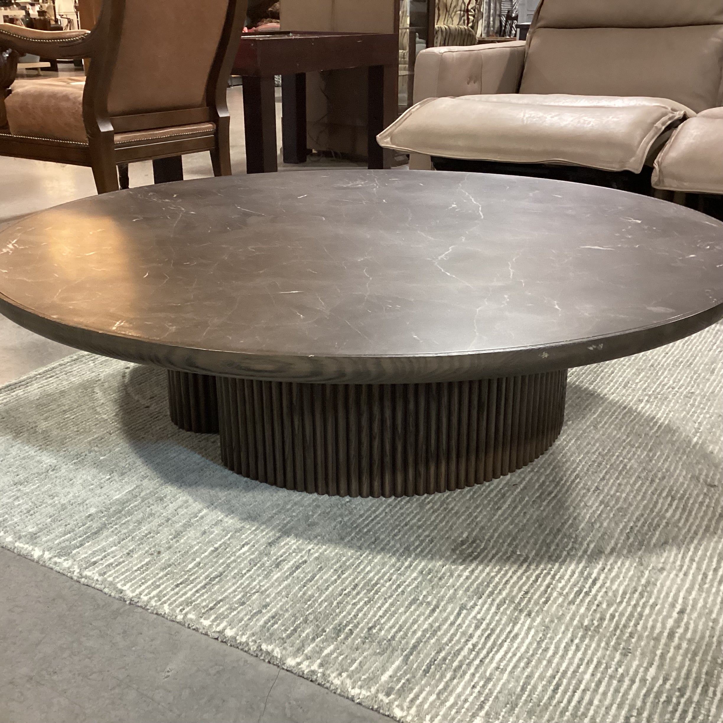 Aster Dark Finish Faux Stone & Ribbed Wood Pedestal Round Coffee Table 54" Diameter x 14.5"