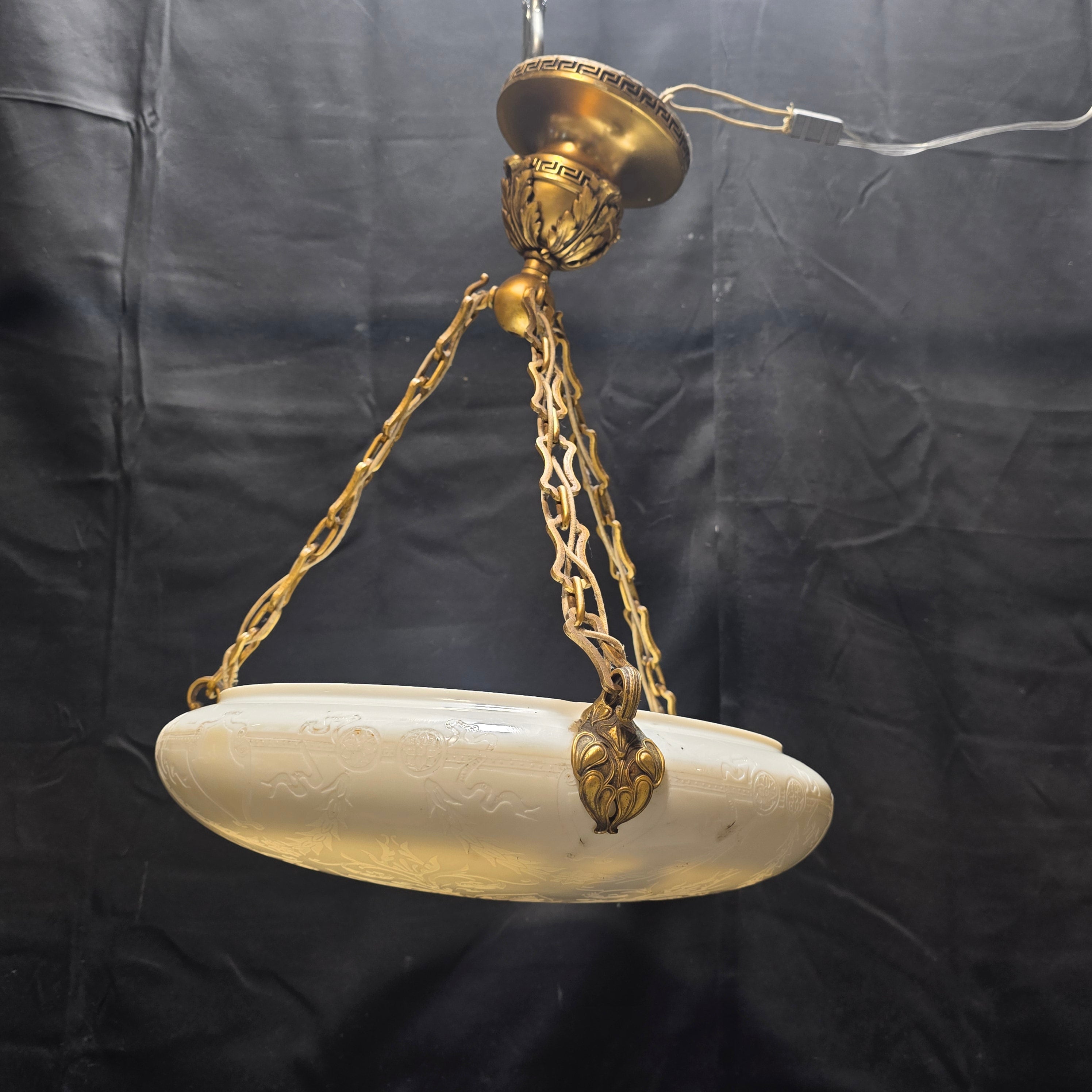 Circa 1920's - 1930's Antique Neoclassical Milk Glass Three Light Chandelier/Pendant 16.5"Dx21"