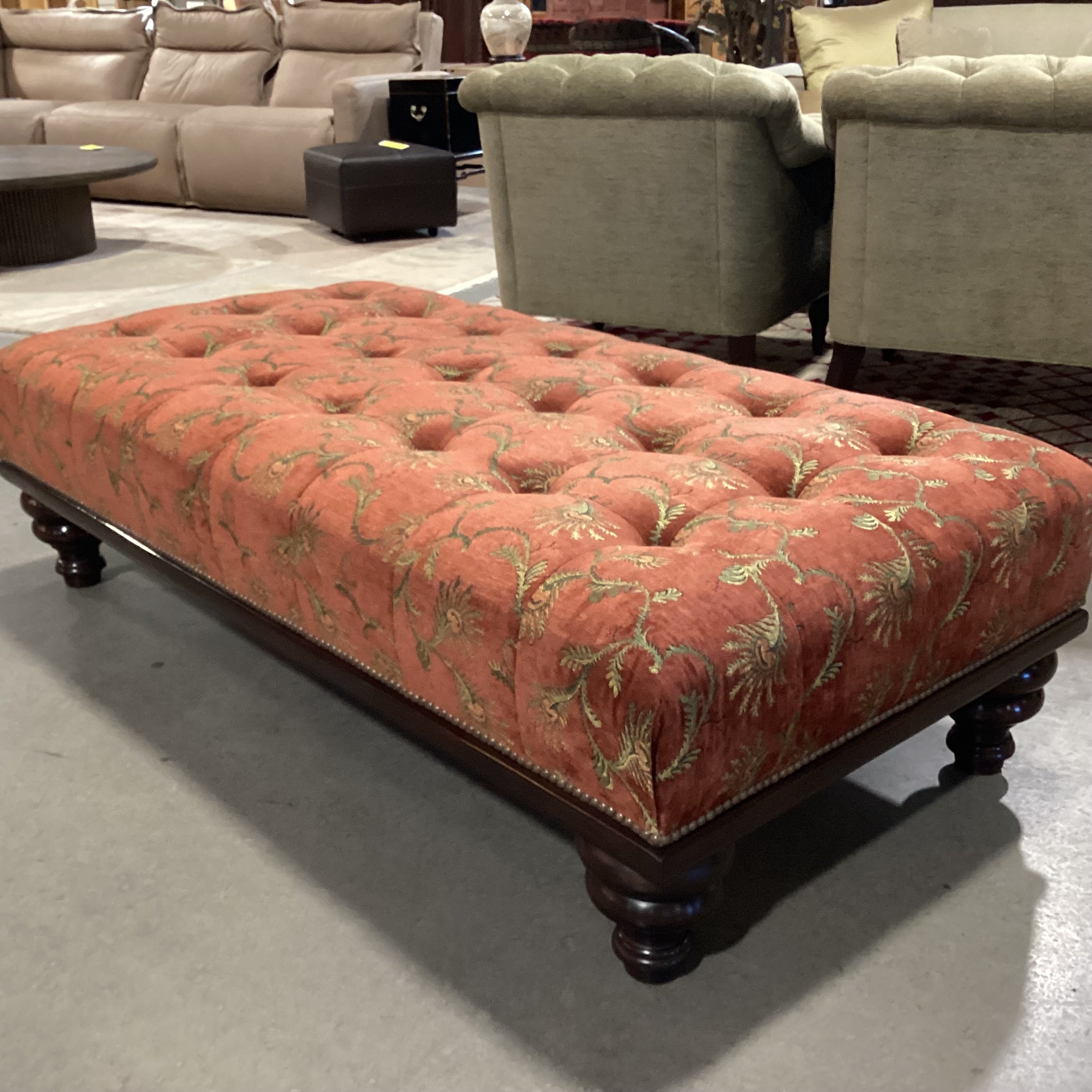 JJ Custom Rust with Gold Floral Woven Tufted Nailhead & Carved Wood Bench Ottoman 61"x 31"x 17.5"