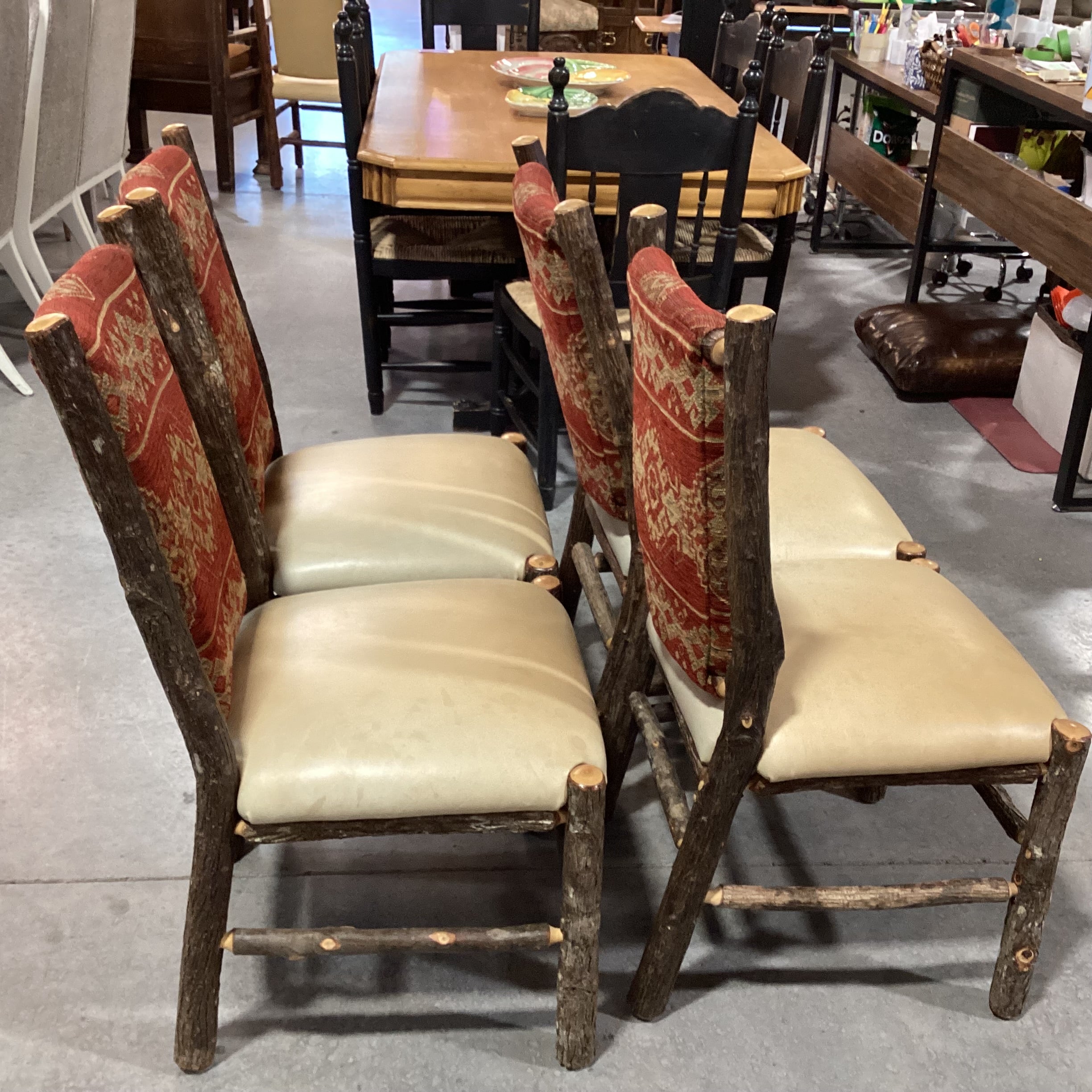 SET of 4 Hickory Log Leather & Uphostered Dining Chairs 20"x 20"x 40"