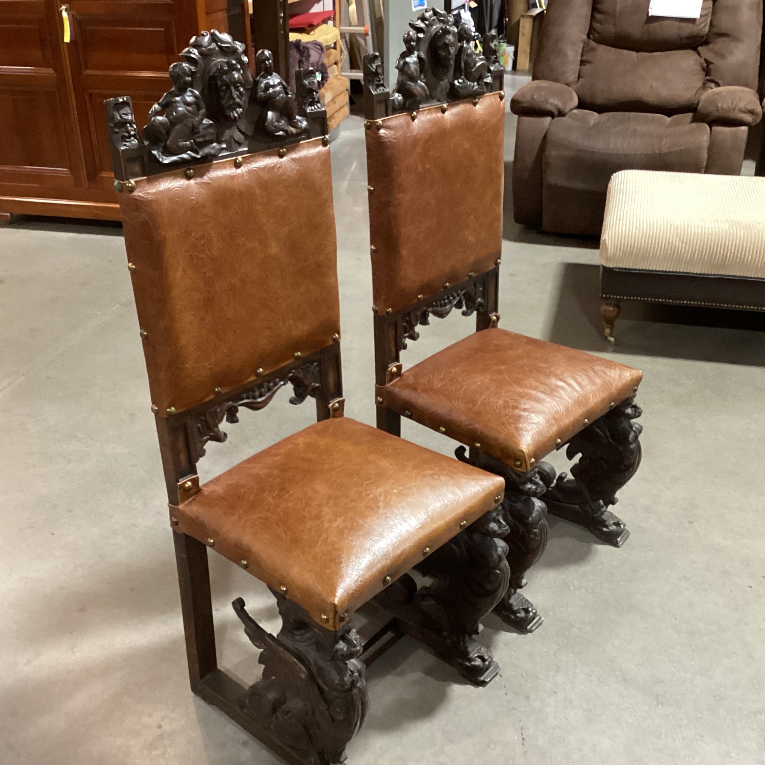 SET of 2 Antique Ornate Carved Wood & Embossed Leather Antique Chairs 20"x 20"x 48"